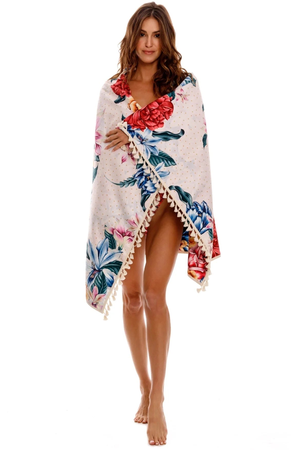 Floral print beach towel with tassels