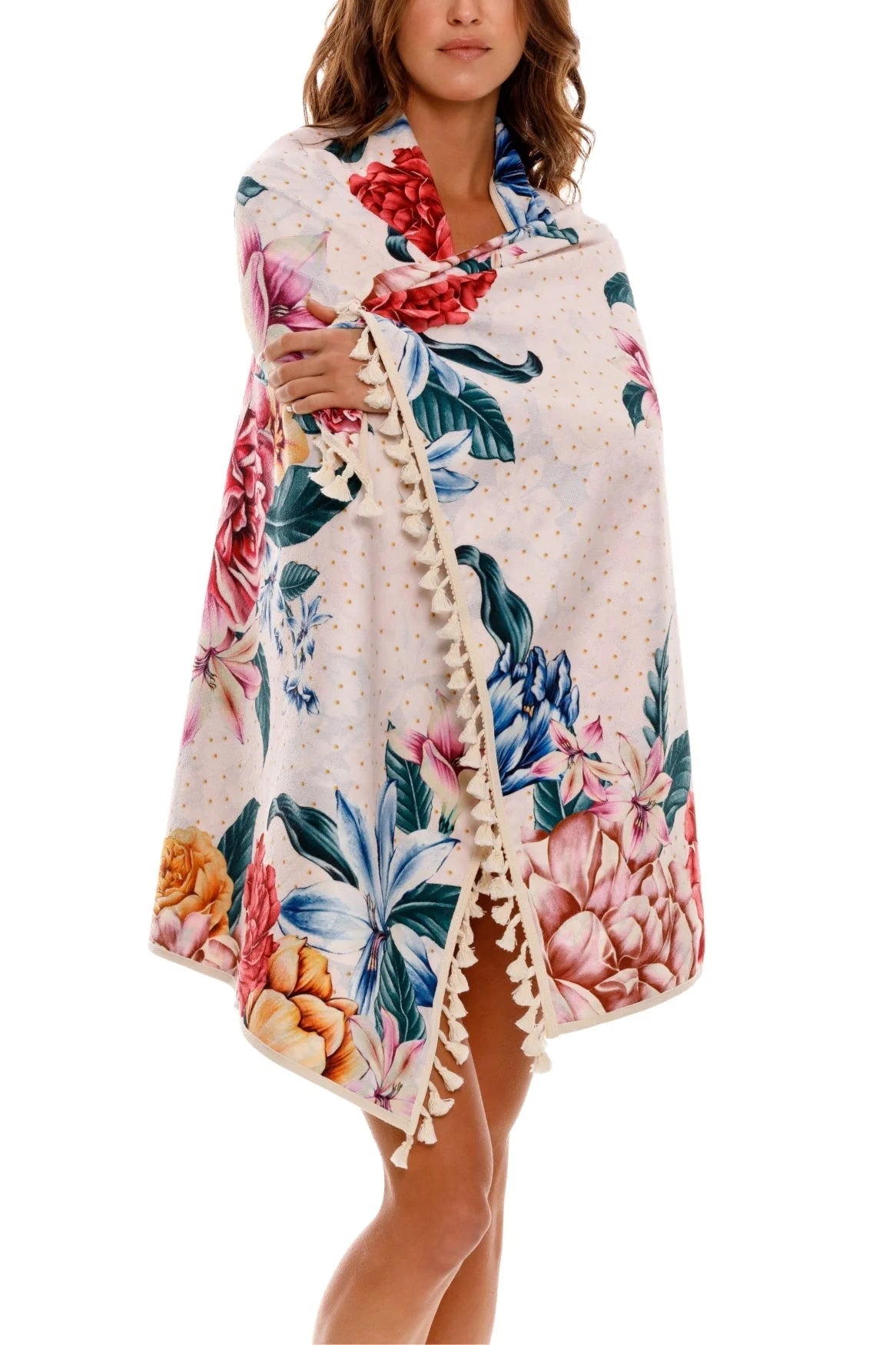 Floral print beach towel with tassels