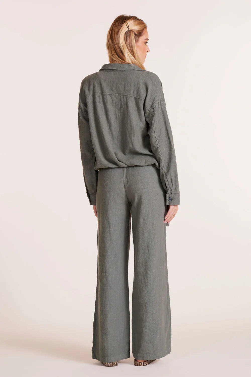 Wide leg cotton pants with tie waist and pockets in dark sage