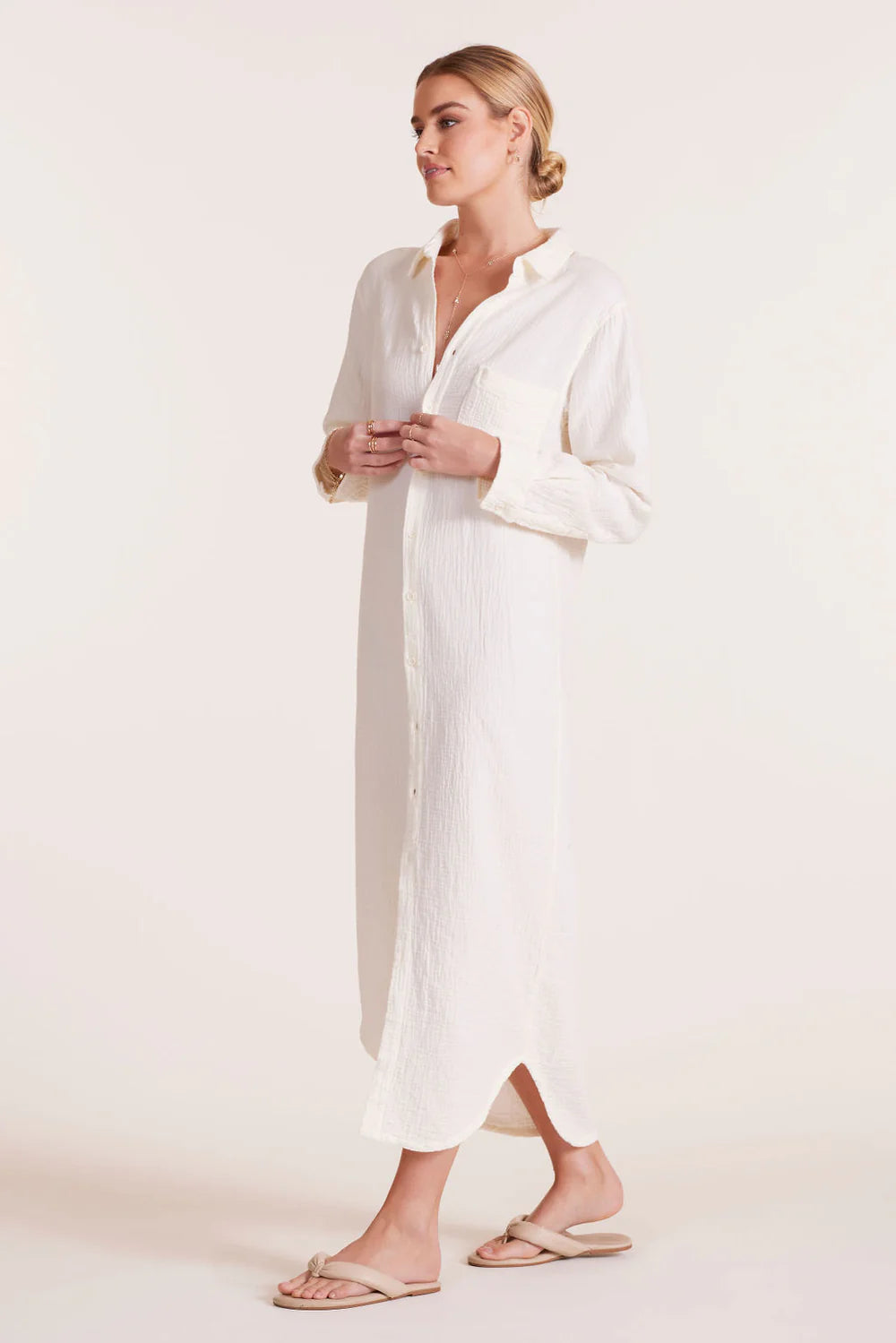 Collared button down shirt dress in off white