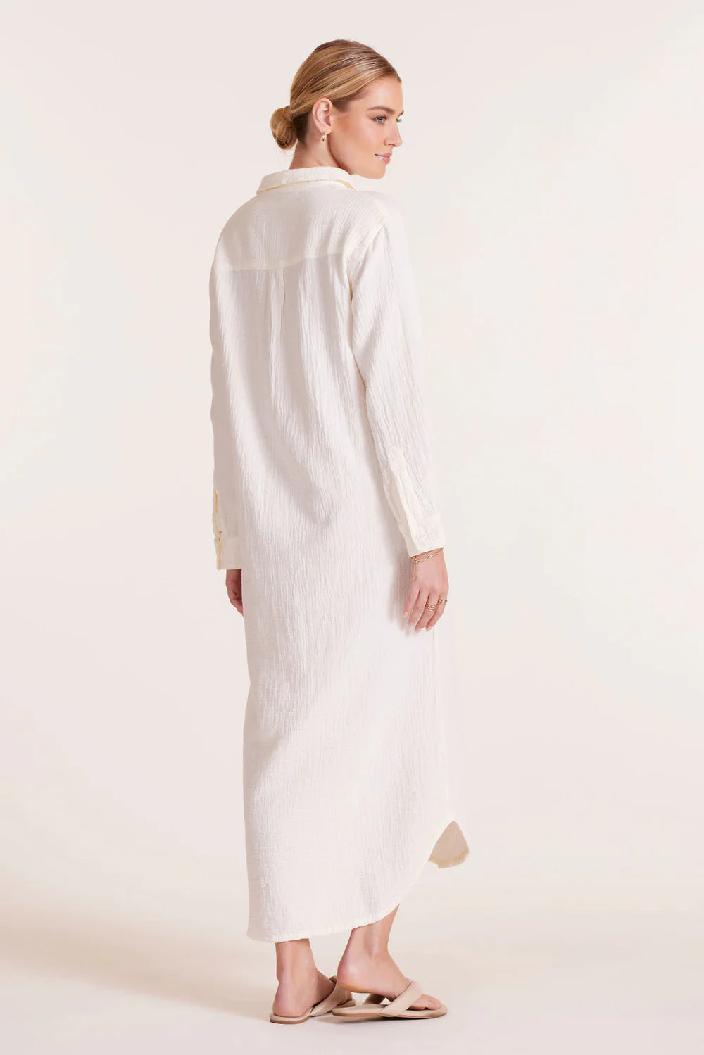Collared button down shirt dress in off white
