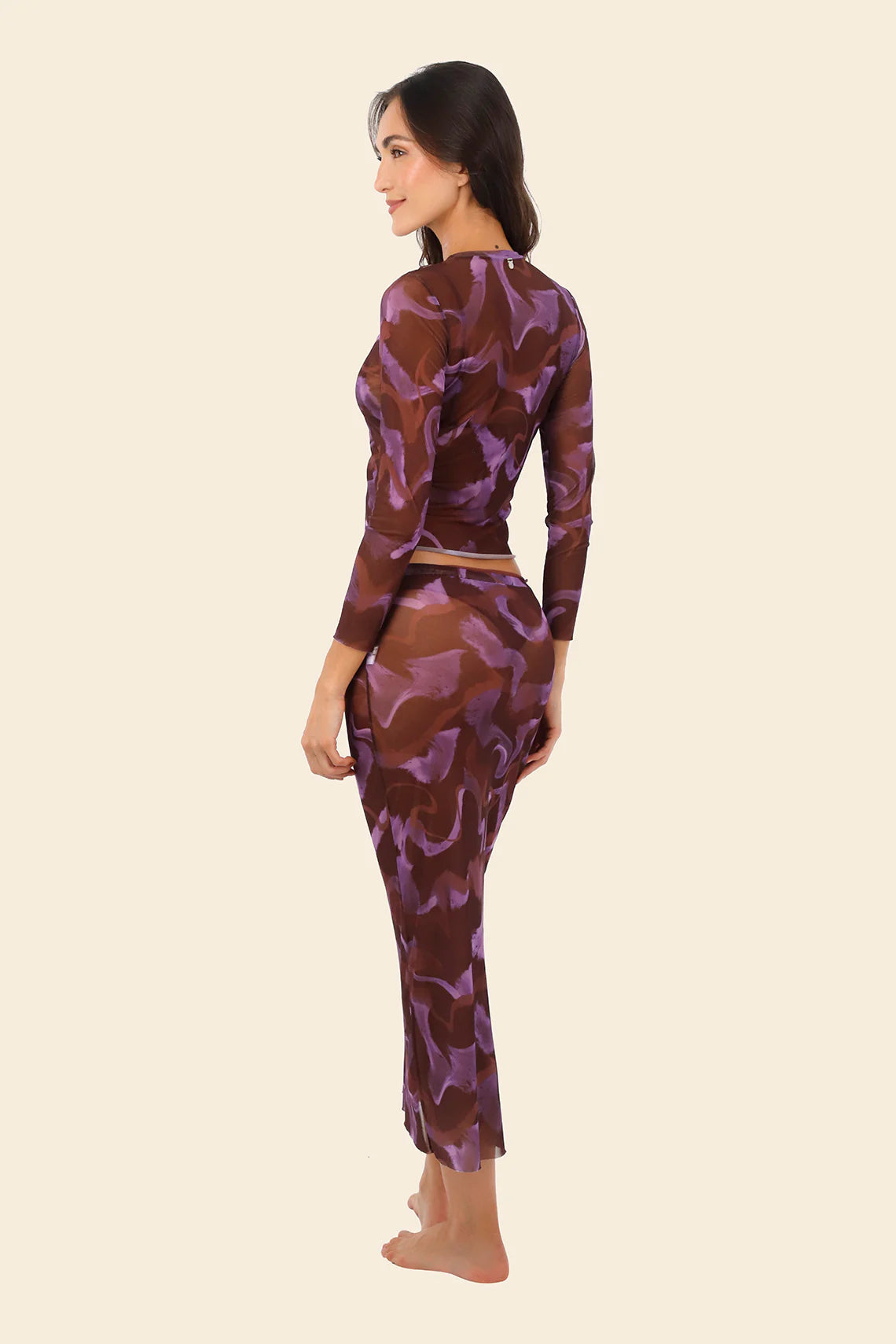 Sheer mesh skirt in purple print