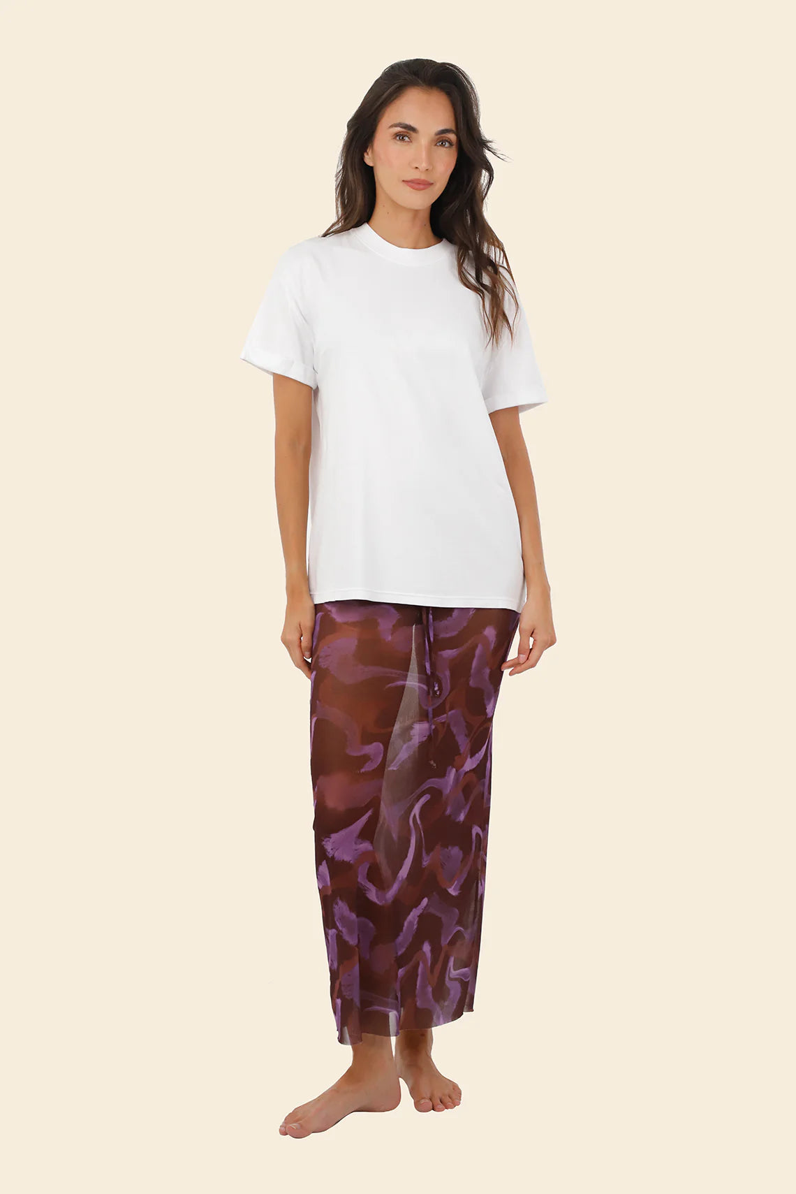 Sheer mesh skirt in purple print