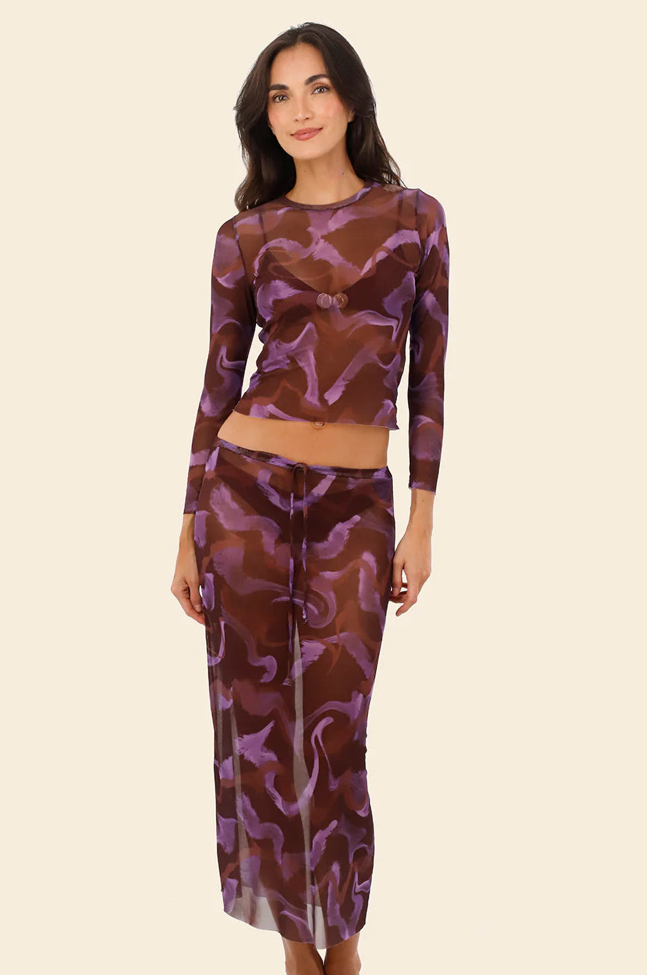 Long sleeve mesh coverup top in purple print