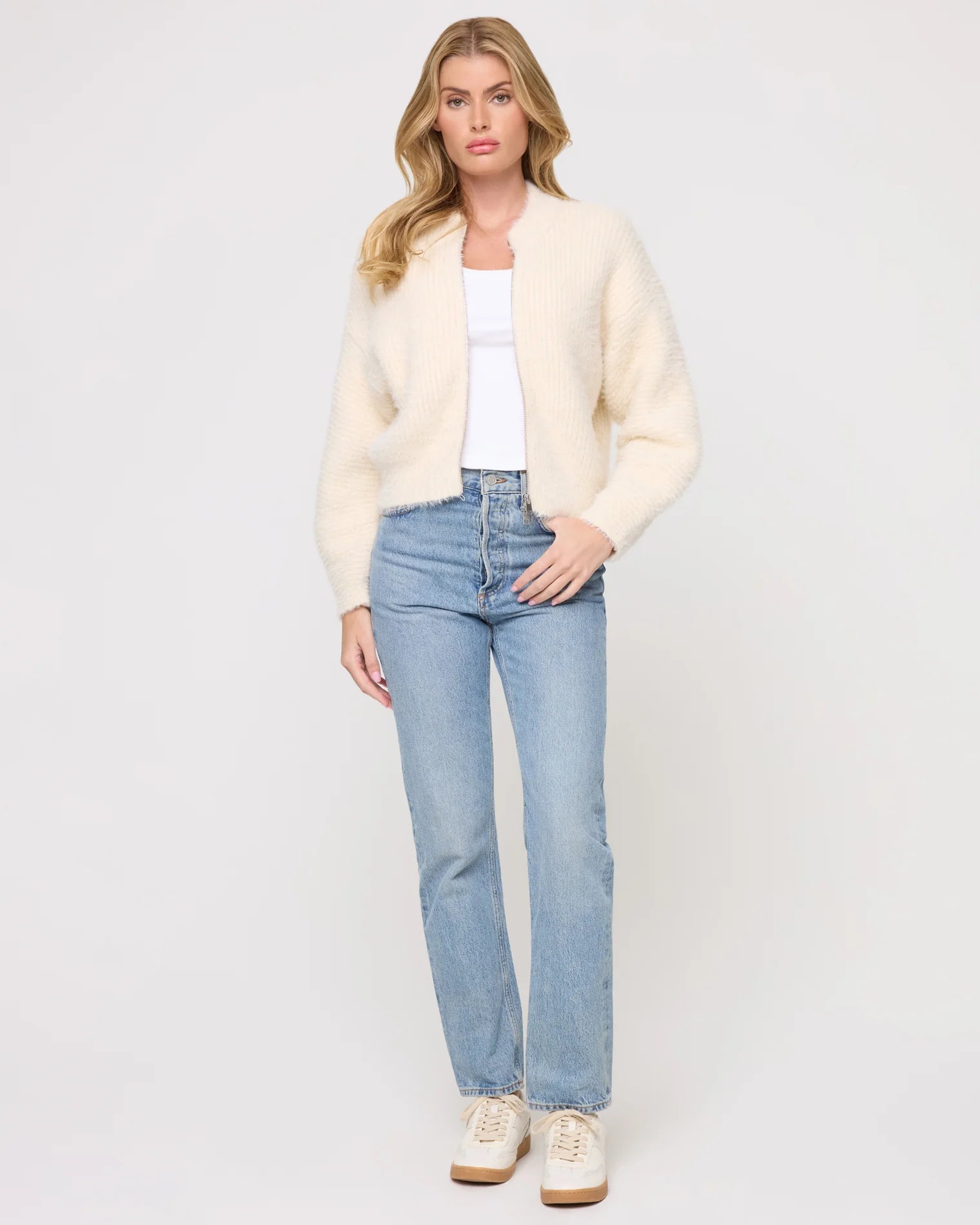 Soft zipper front sweater in cream