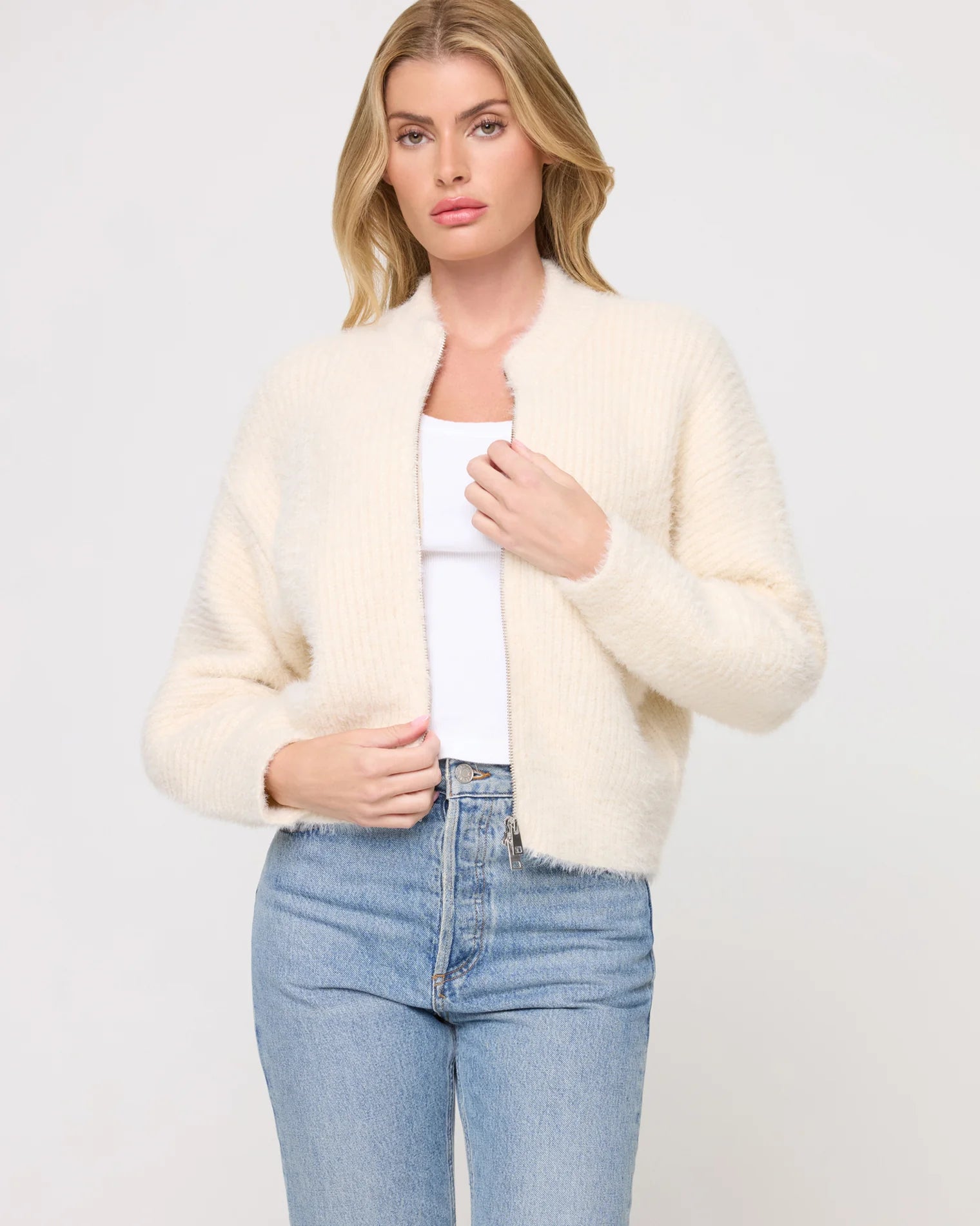 Soft zipper front sweater in cream