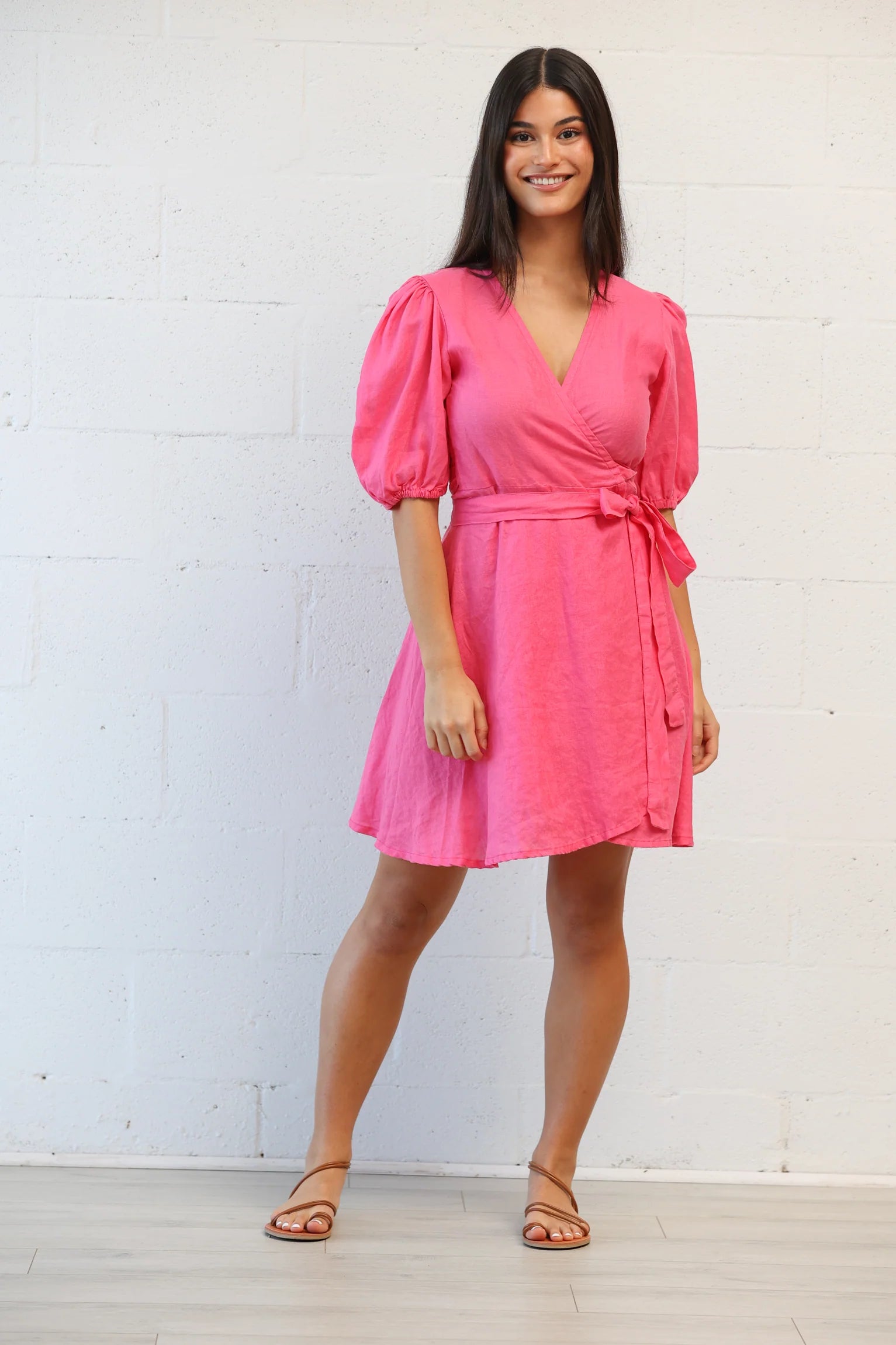 Short Linen Fuchsia Wrap Dress