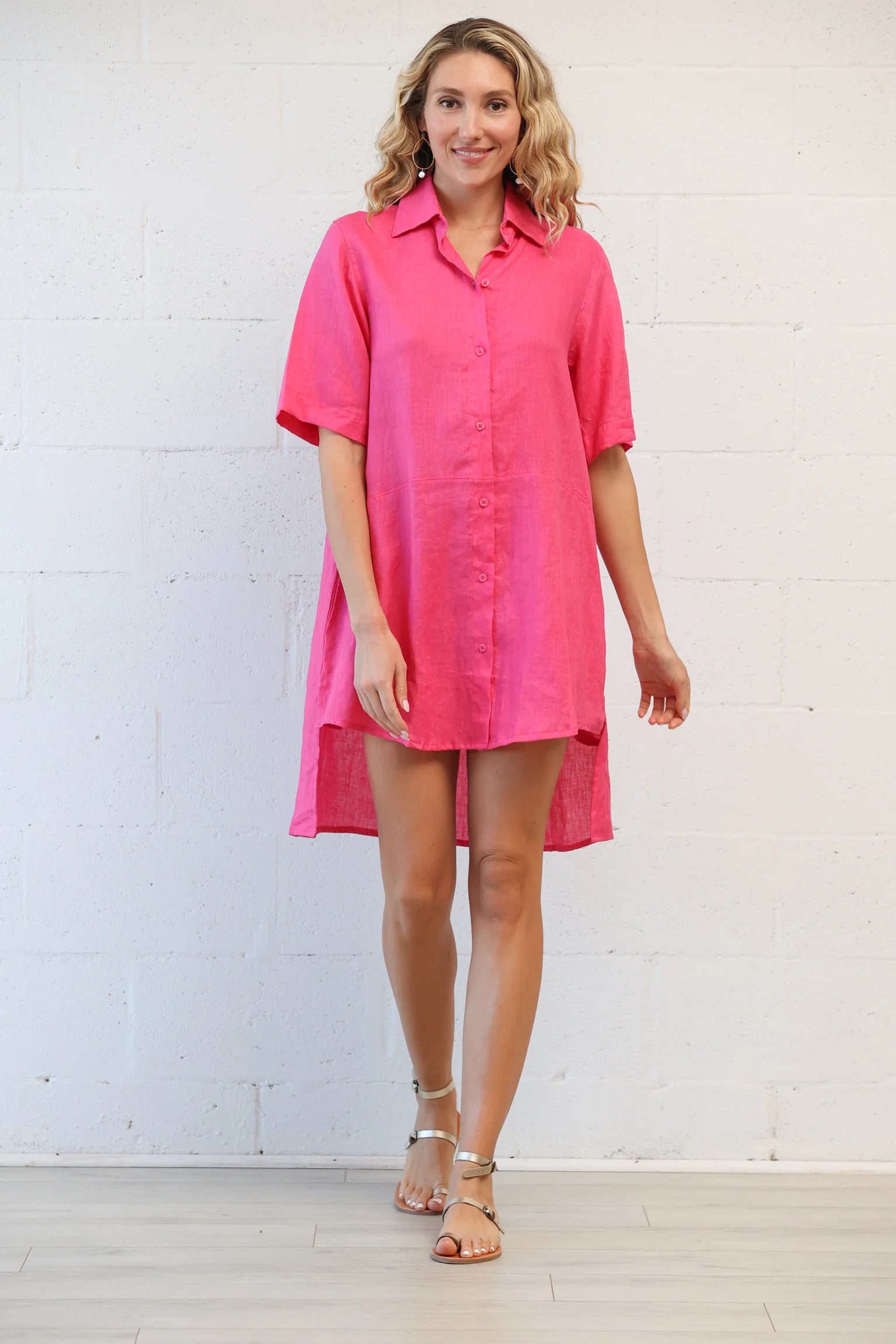 Fuchsia Button Up Linen Tunic