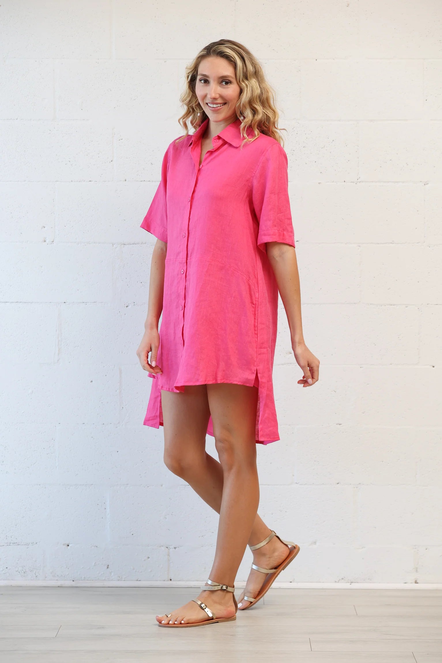 Fuchsia Button Up Linen Tunic