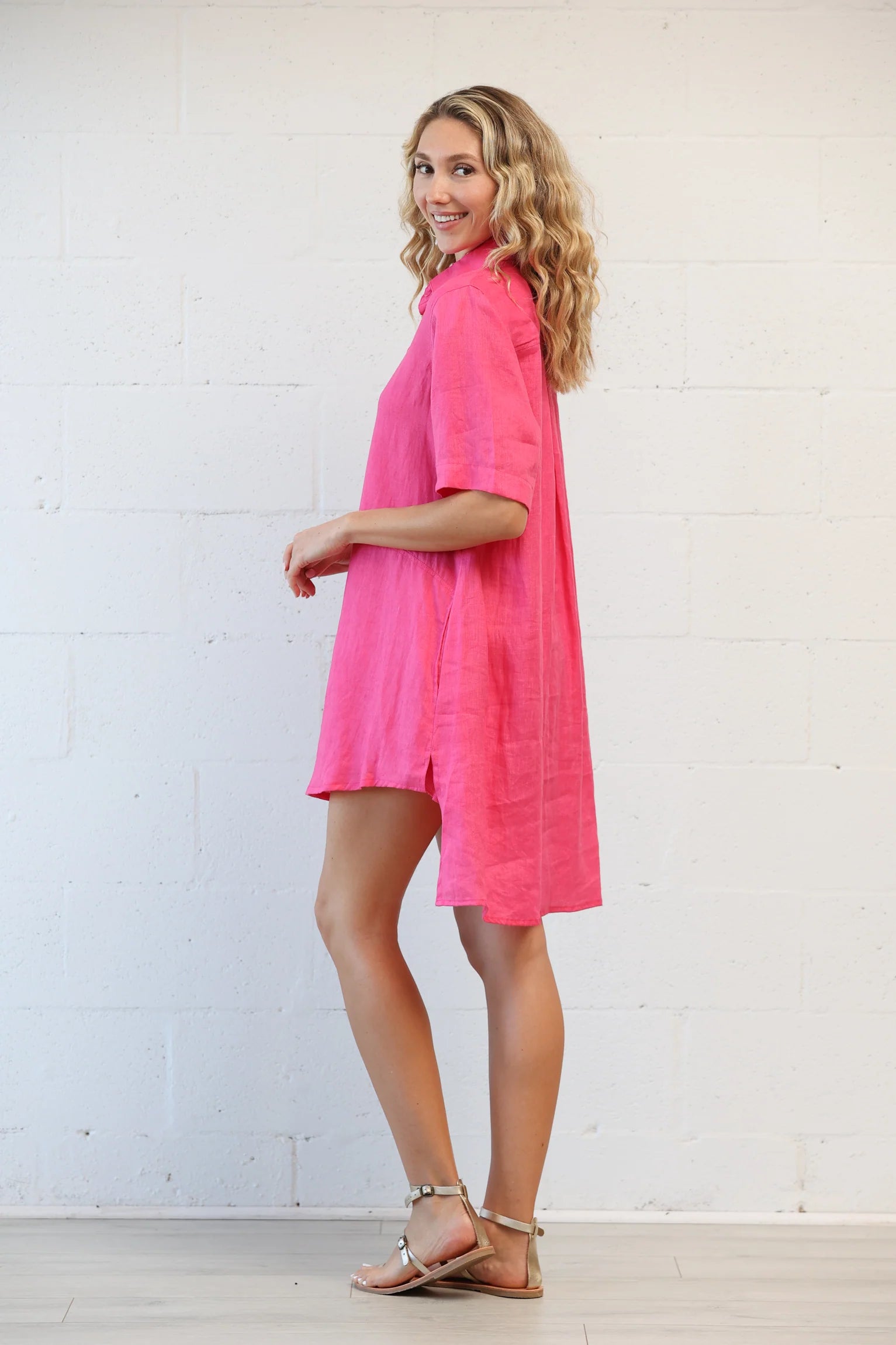 Fuchsia Button Up Linen Tunic