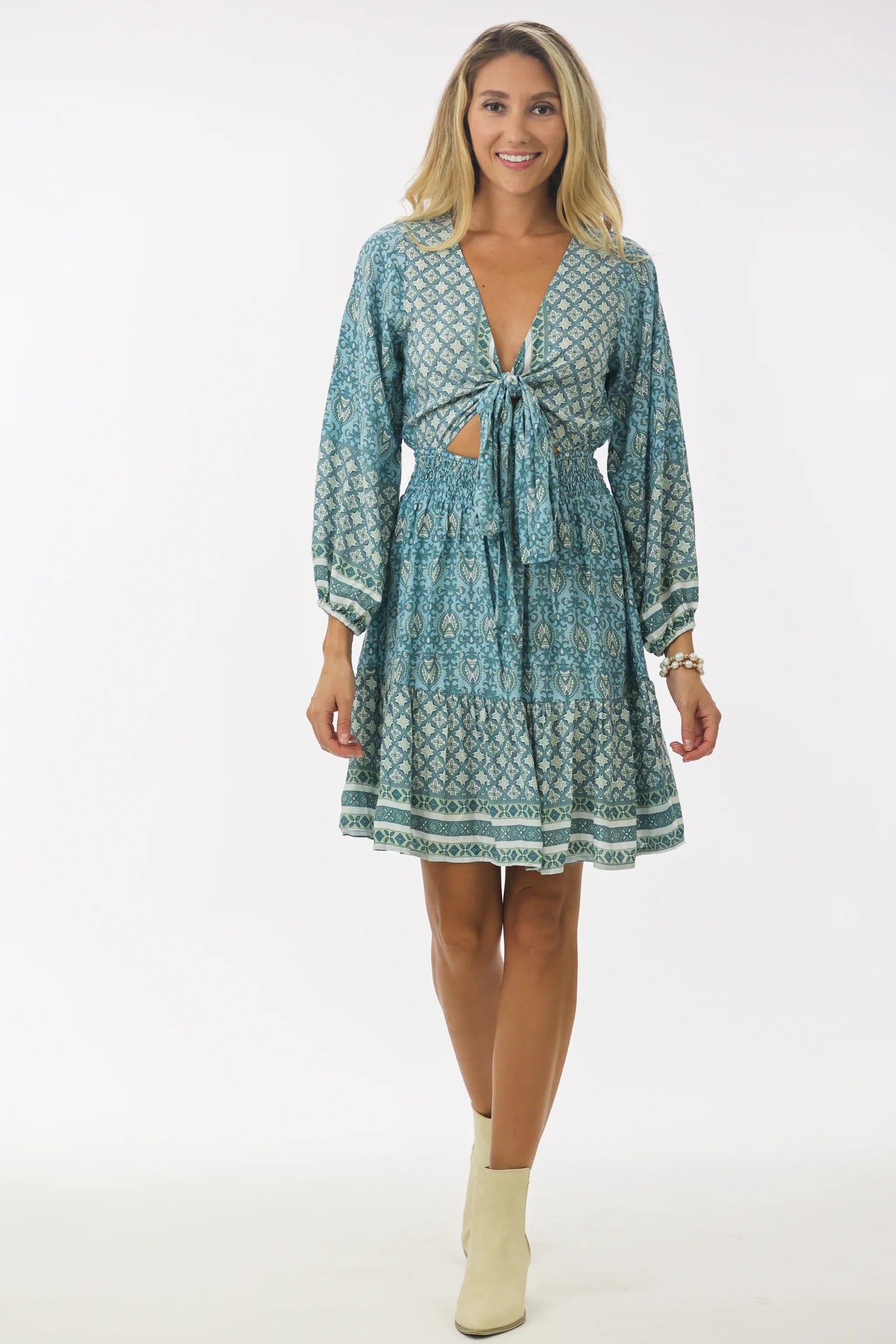 Printed Tie Front Mini Dress