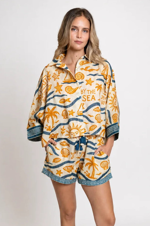 Button down collared shirt in multicolor print