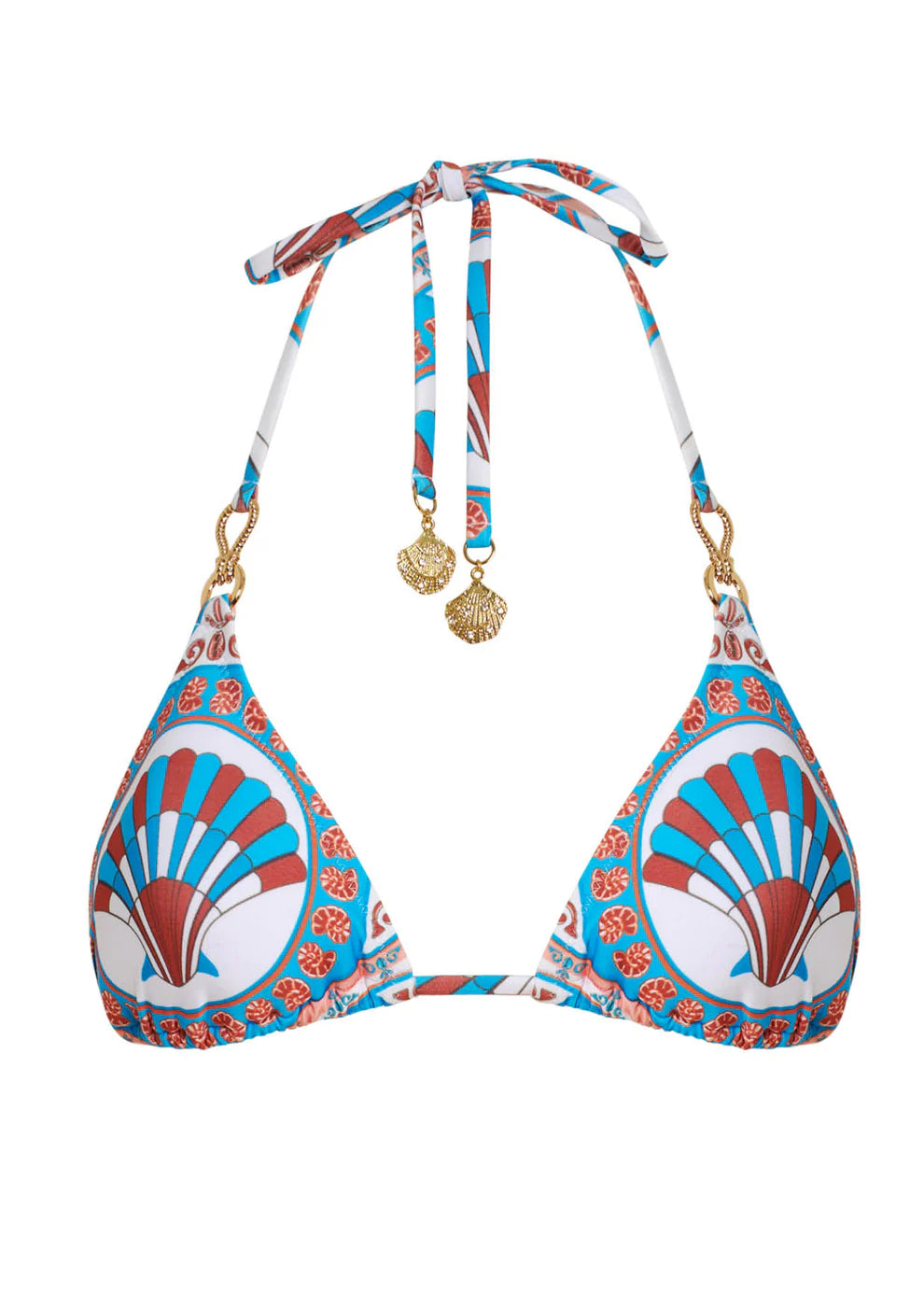 Seashell print triangle bikini top with gold hardware