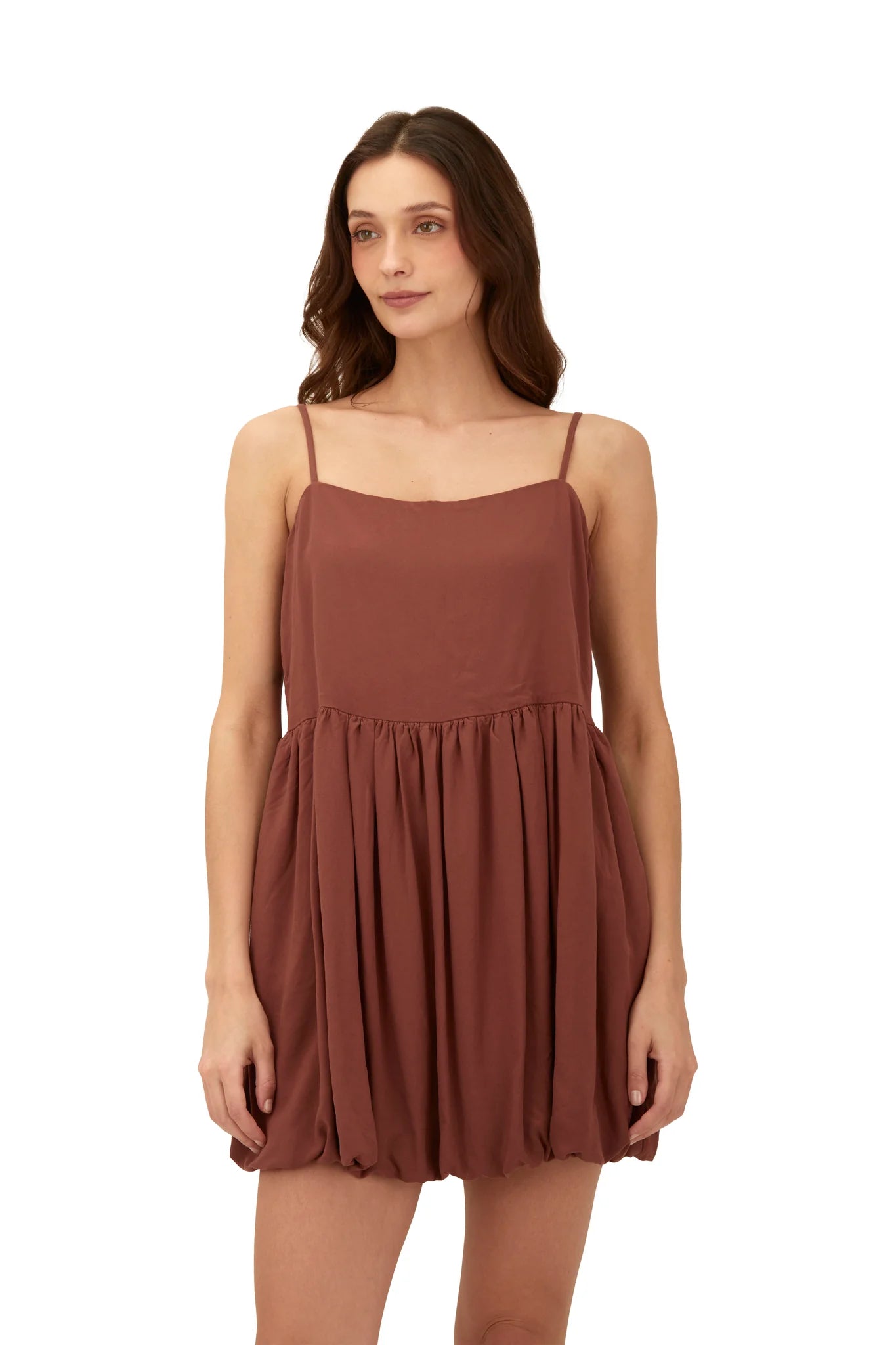 Short dress with square neckline and adjustable straps in brown
