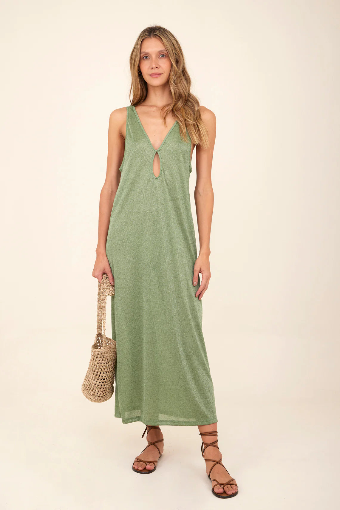 Keyhole cutout maxi dress with a plunging neckline and an open back.