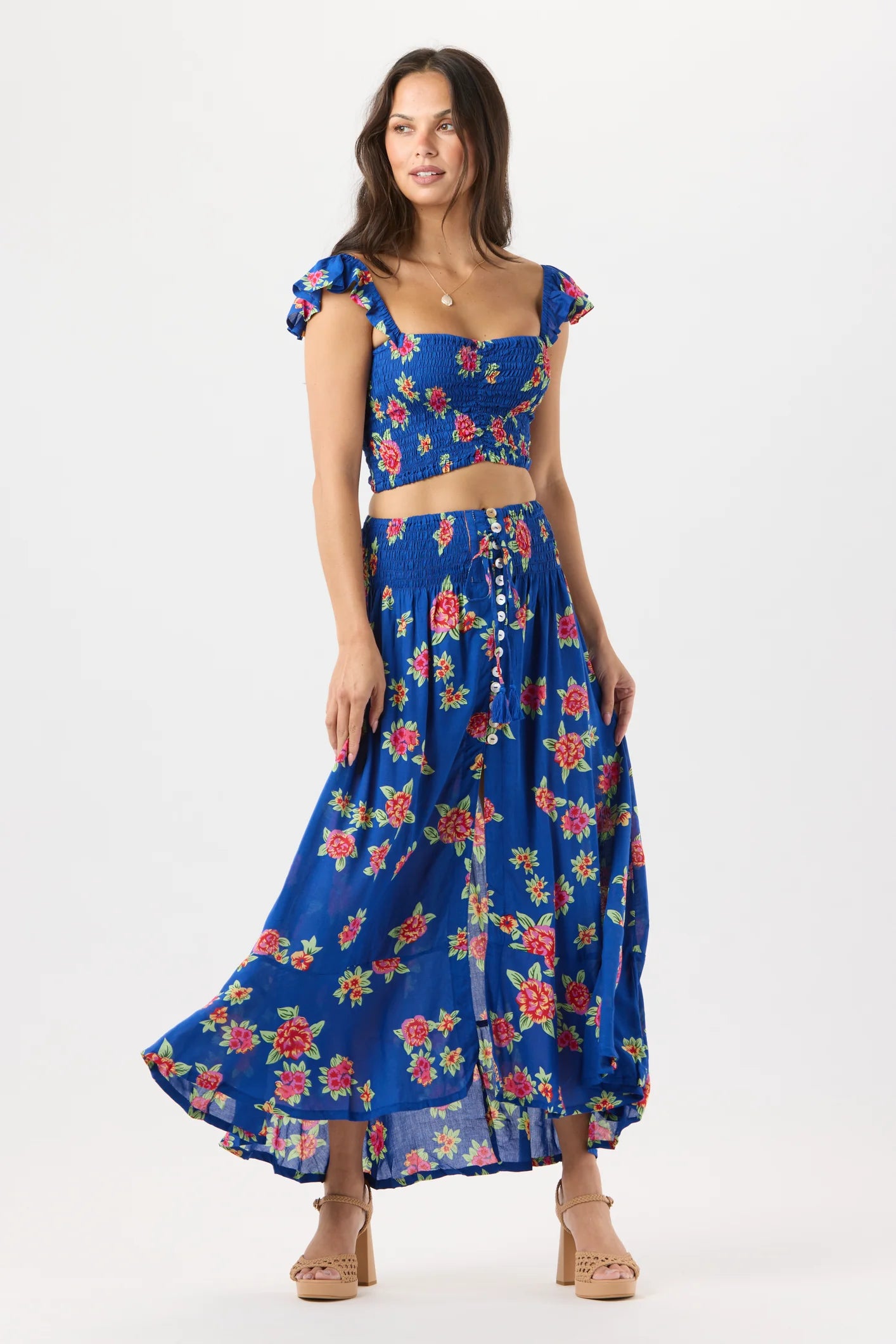 Dark Blue Skirt With Floral Print