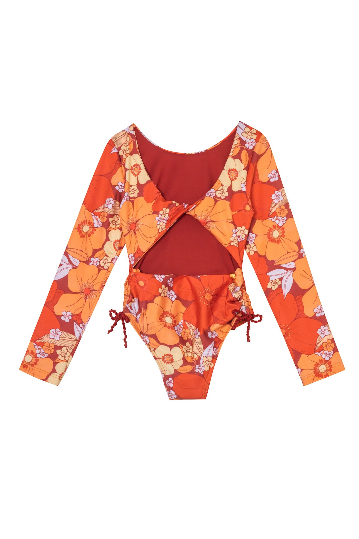 orange flower print long sleeve kids swimsuit