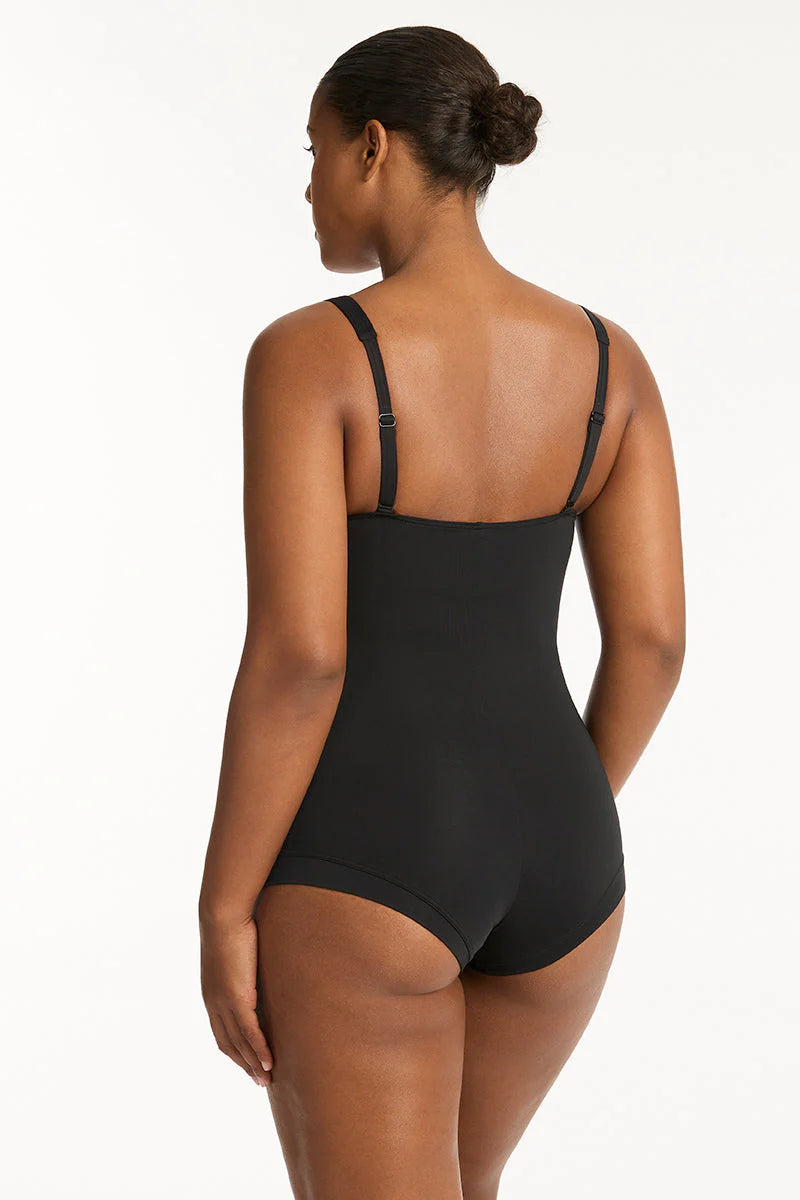 Full coverage black one piece with soft cup support and boyshort coverage in the back