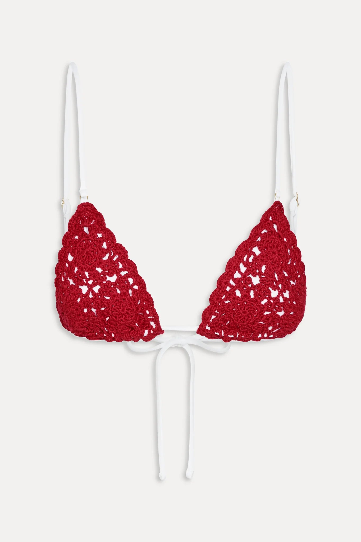 Adjustable crochet triangle bikini top in red with white straps