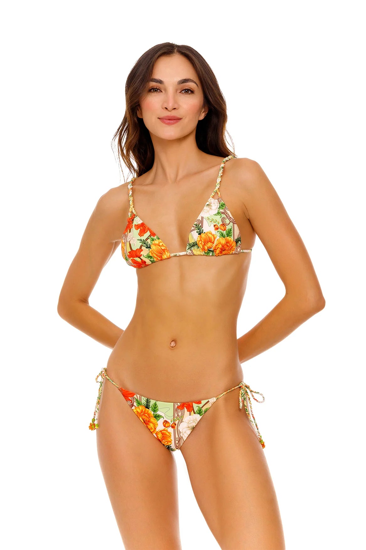 Multicolor floral print bottom with tie sides and a ruched back