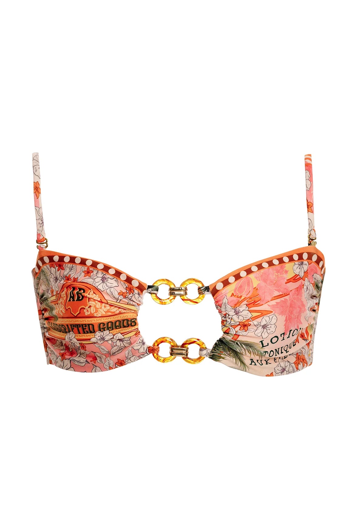 Multicolor bandeau top with removable straps, front cutout, and ring details