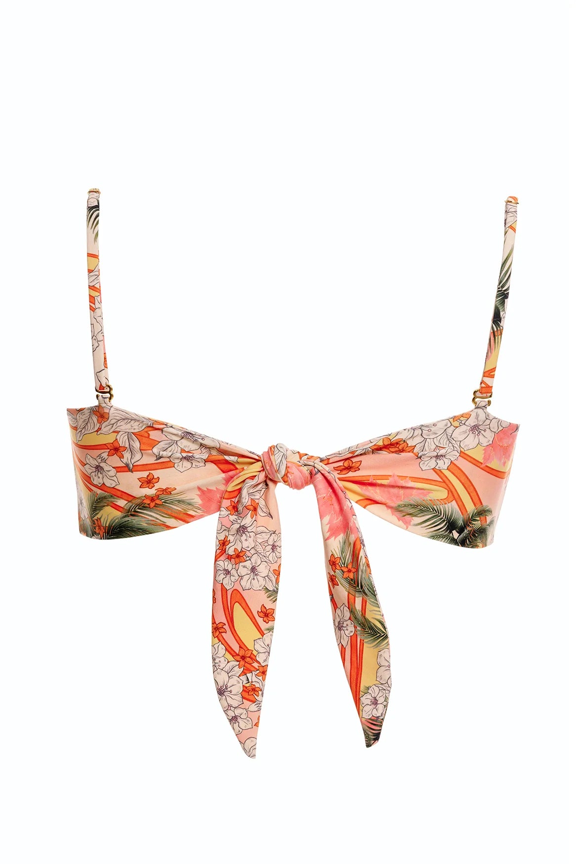 Multicolor bandeau top with removable straps, front cutout, and ring details