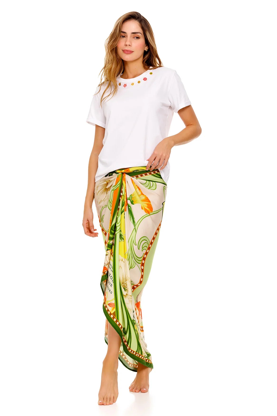 Long tasseled sarong in a vibrant tropical print