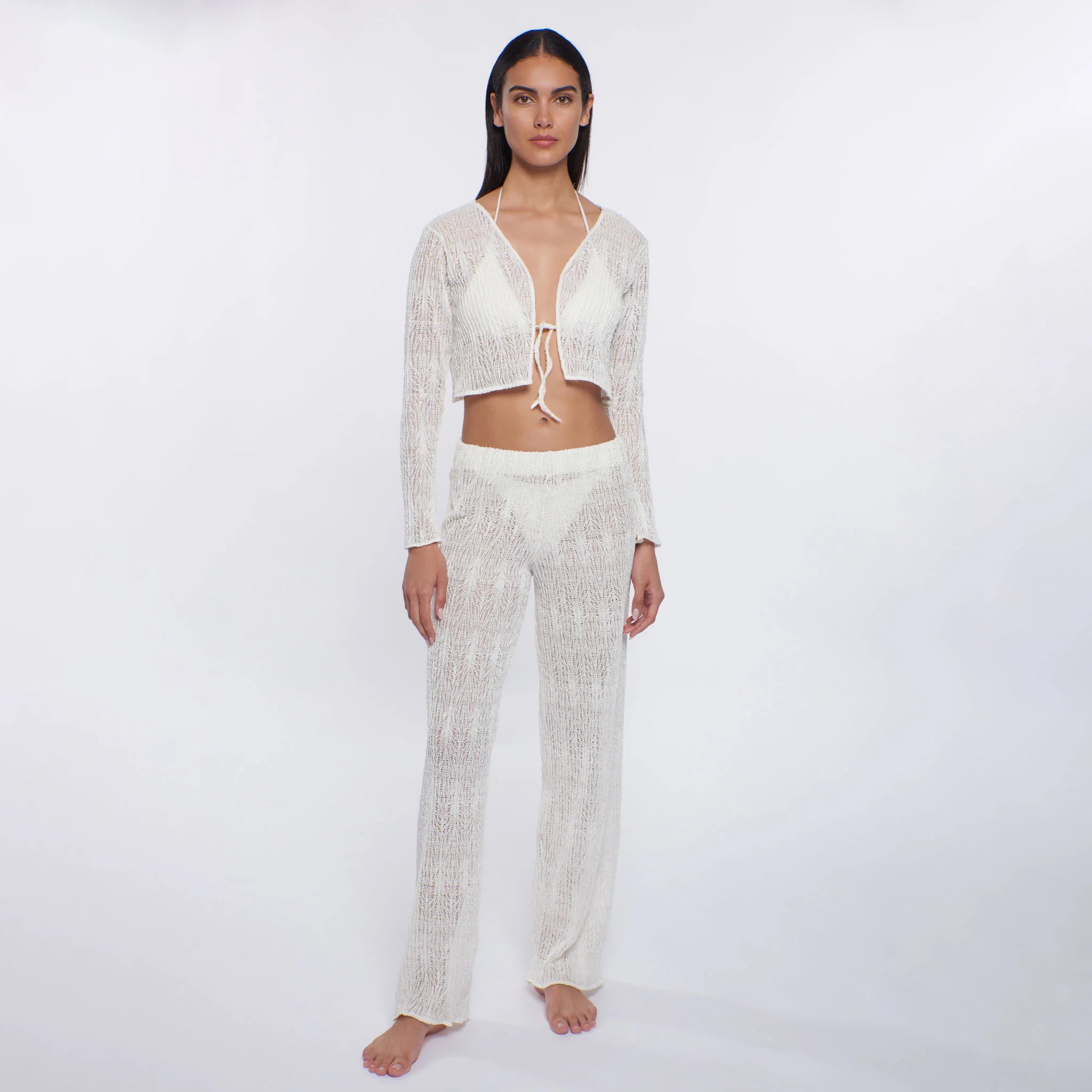 Sheer long sleeve crop top with tie front in ivory
