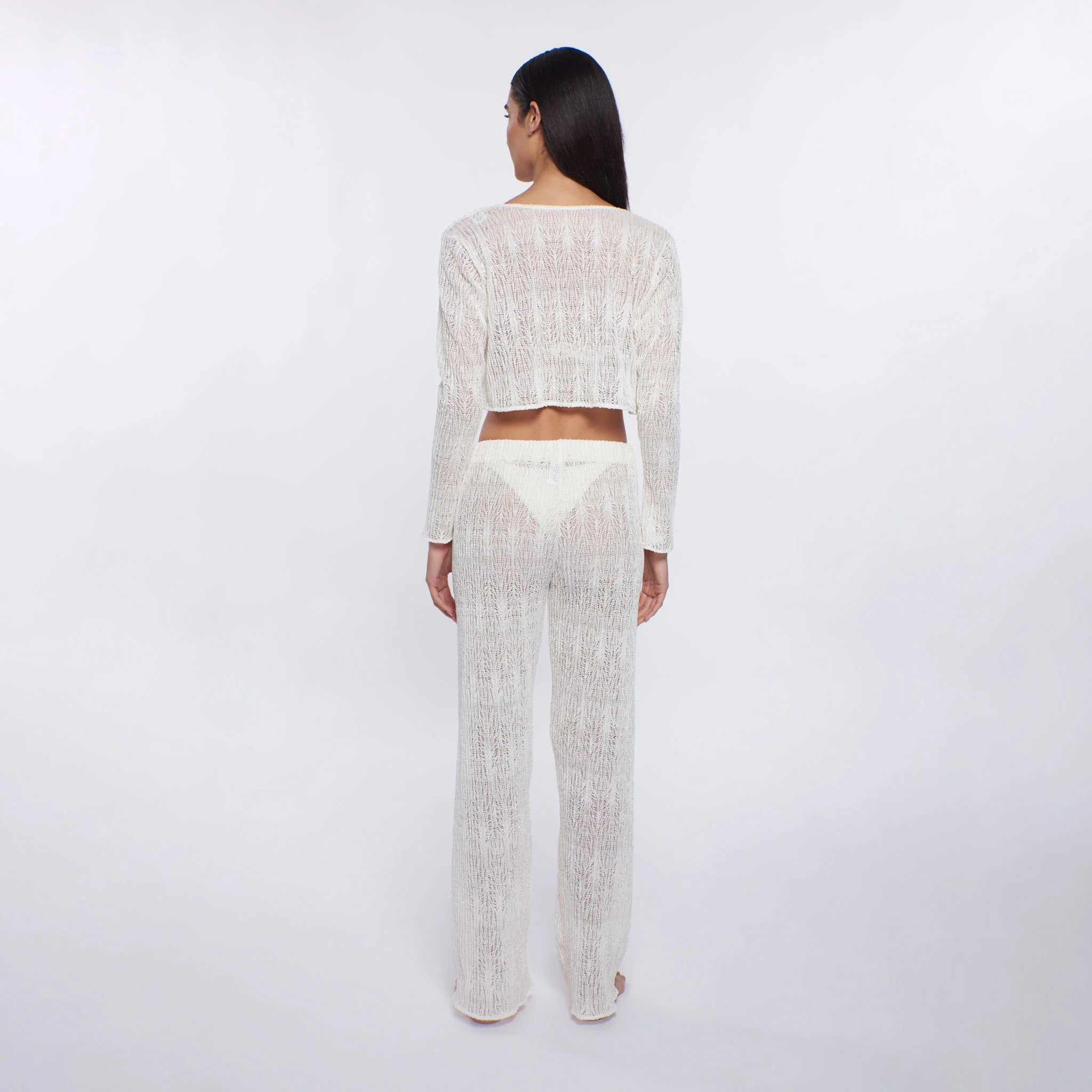 Sheer long sleeve crop top with tie front in ivory