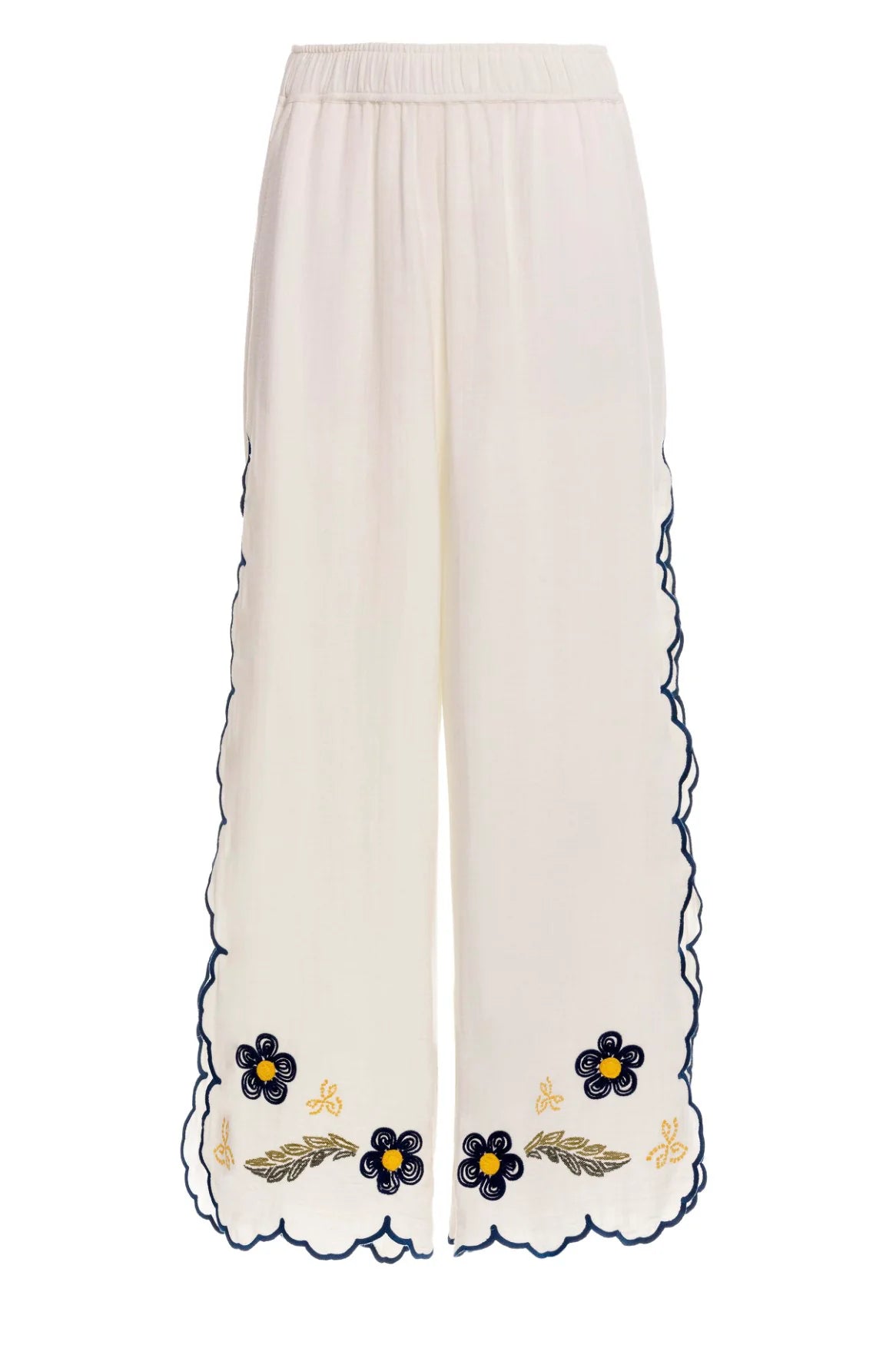 White wide leg pants with elastic waistband and blue and yellow embroidered floral print