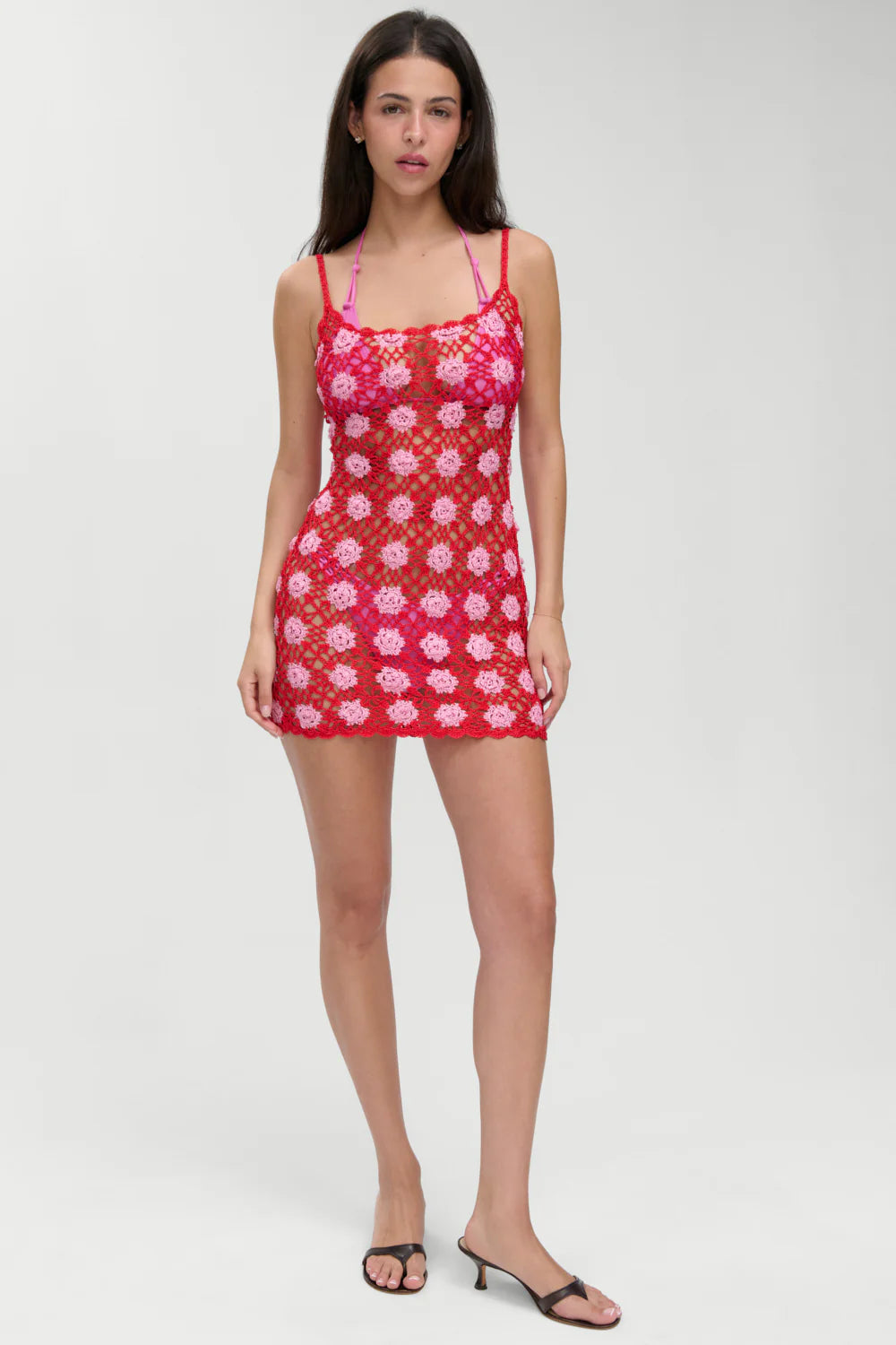 Open knit crochet coverup dress in red and pink