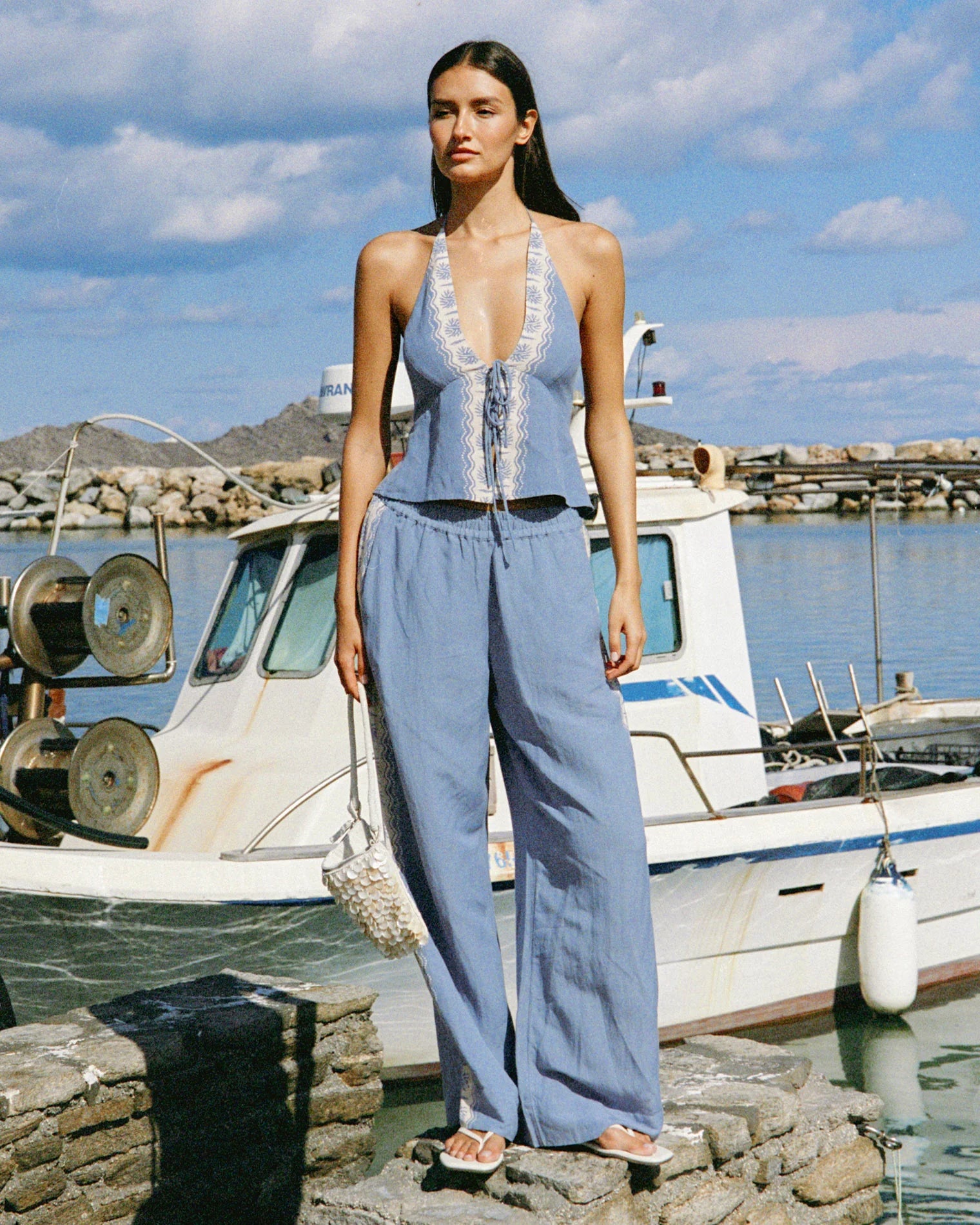 Plunging tie front top with halter ties in light blue