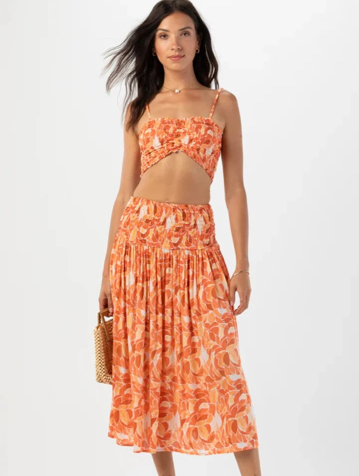 Smocked Waist Orange Print Skirt