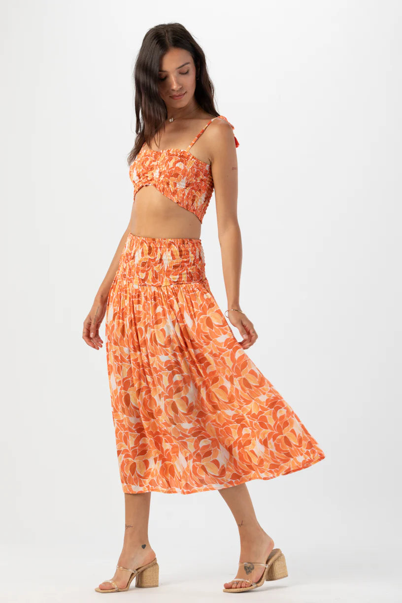Smocked Waist Orange Print Skirt