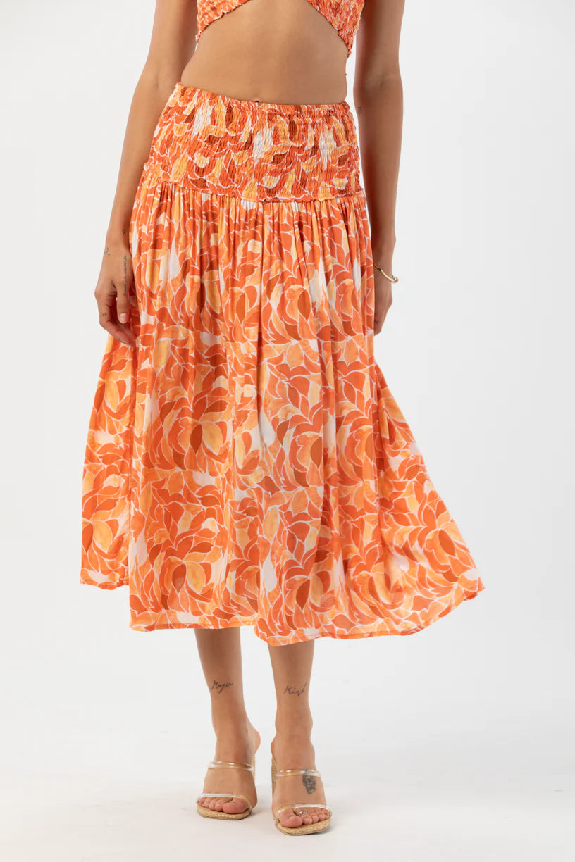 Smocked Waist Orange Print Skirt