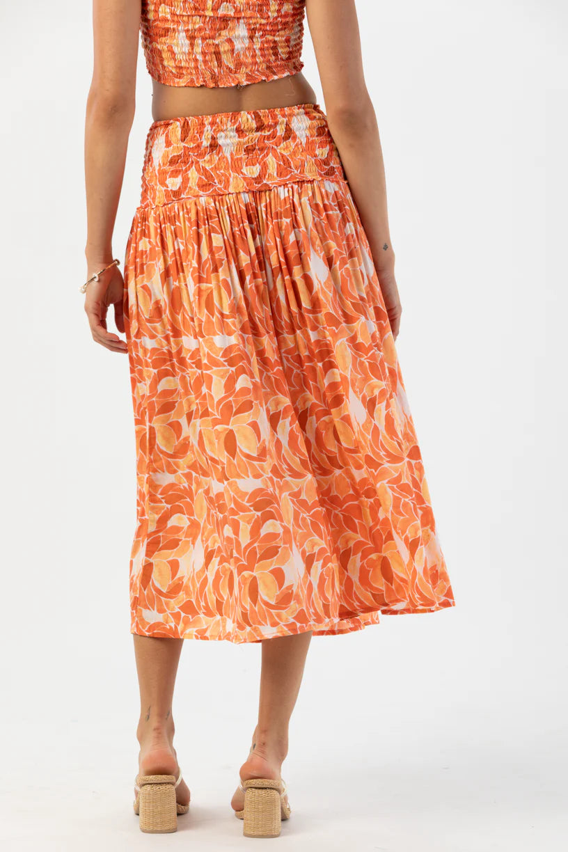 Smocked Waist Orange Print Skirt