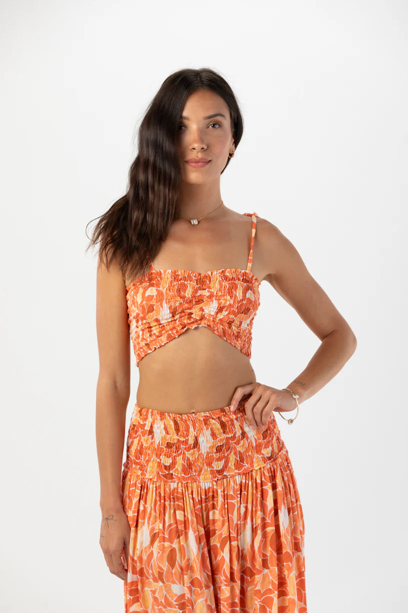 Orange Print Smocked Crop Top