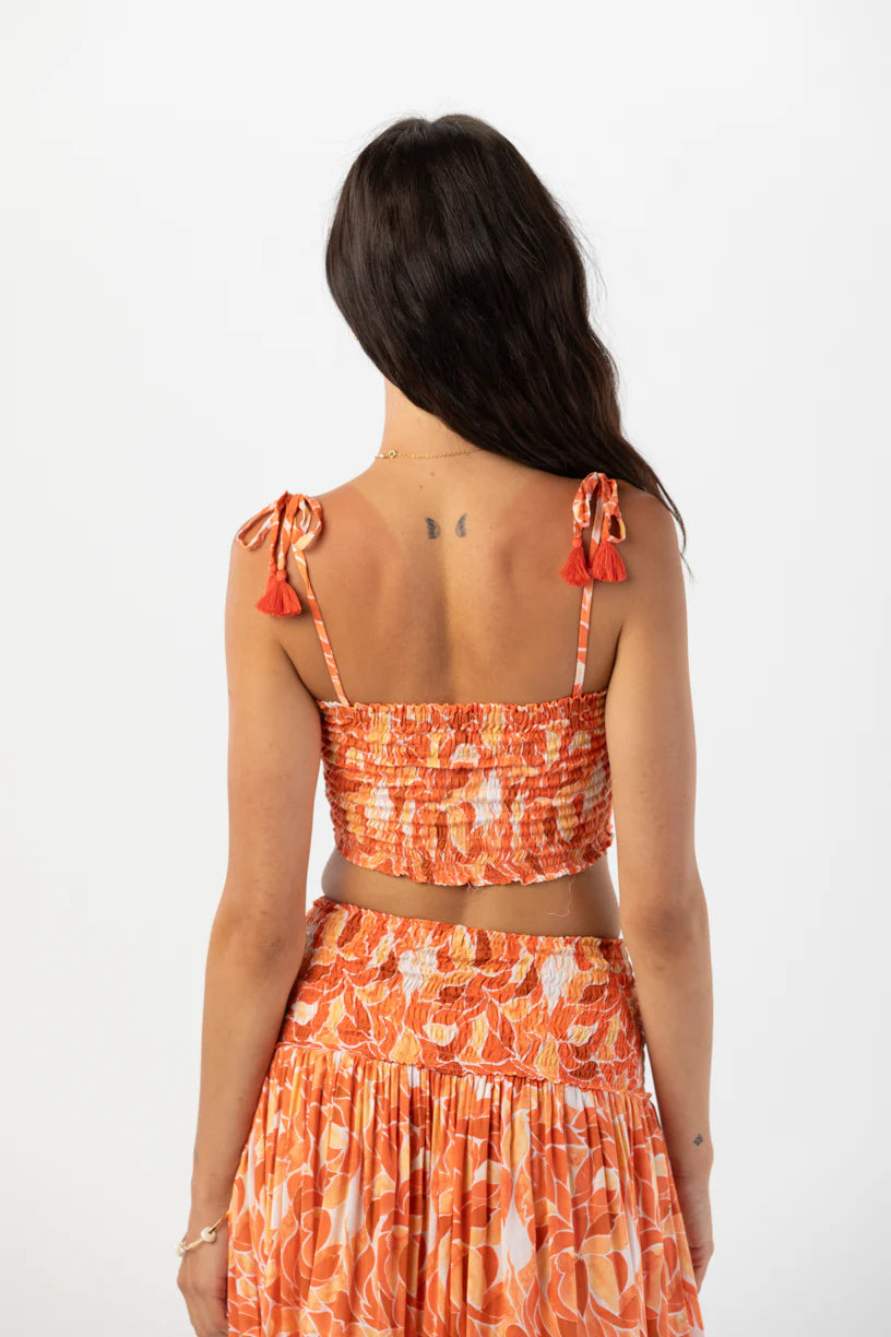 Orange Print Smocked Crop Top