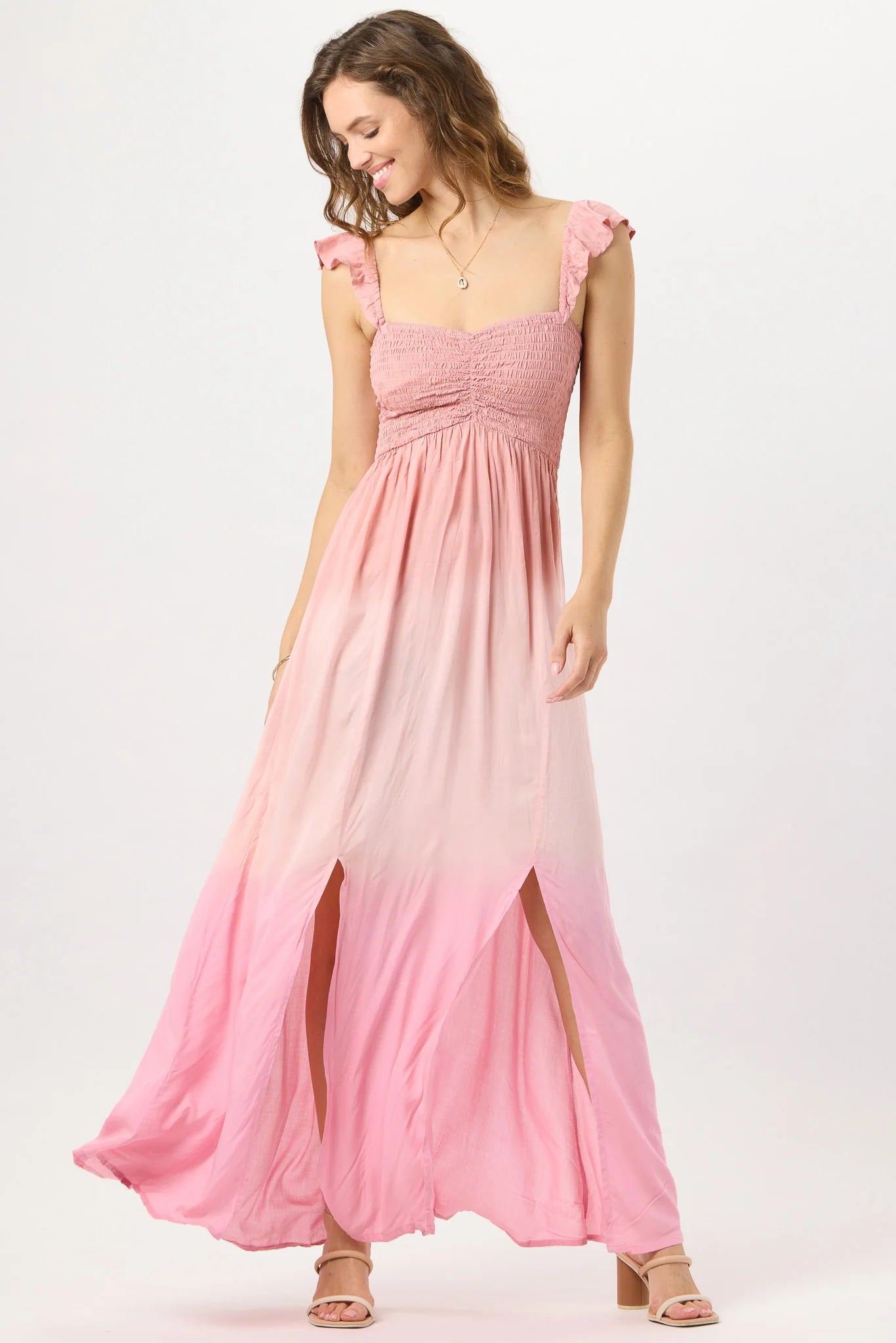 Ombre style maxi dress with ruffled sleeves in pink and mauve