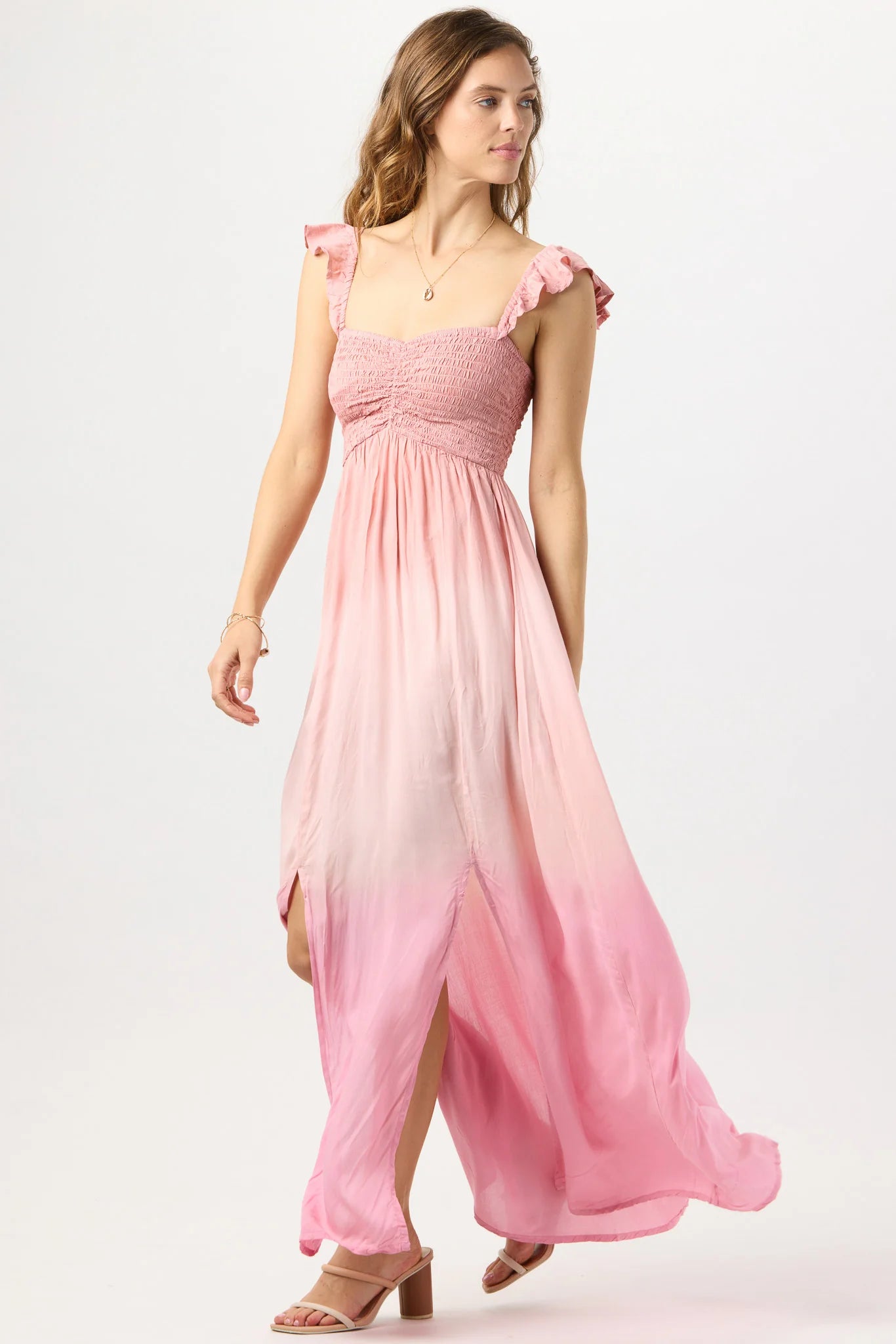 Ombre style maxi dress with ruffled sleeves in pink and mauve