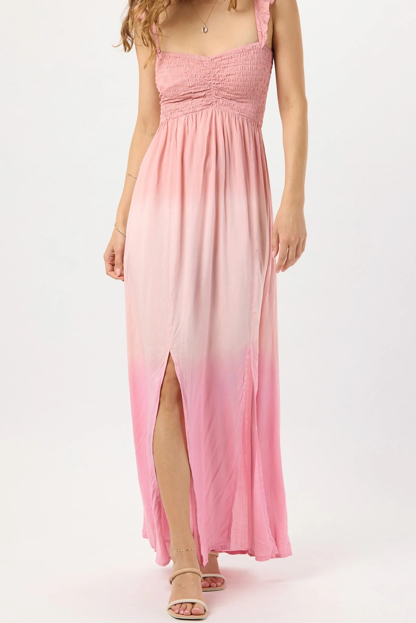 Ombre style maxi dress with ruffled sleeves in pink and mauve