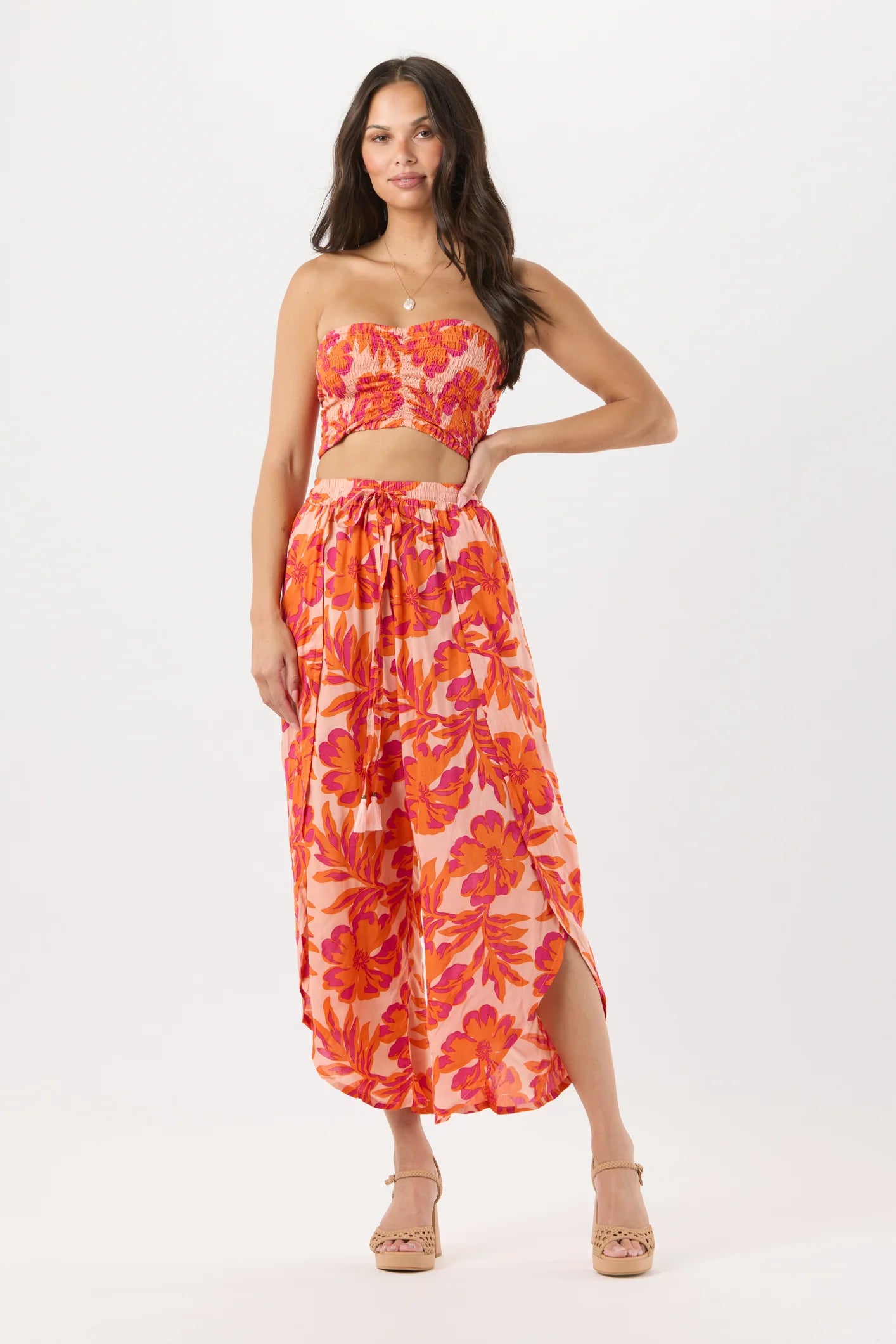Strapless smocked crop top in Hawaiian print