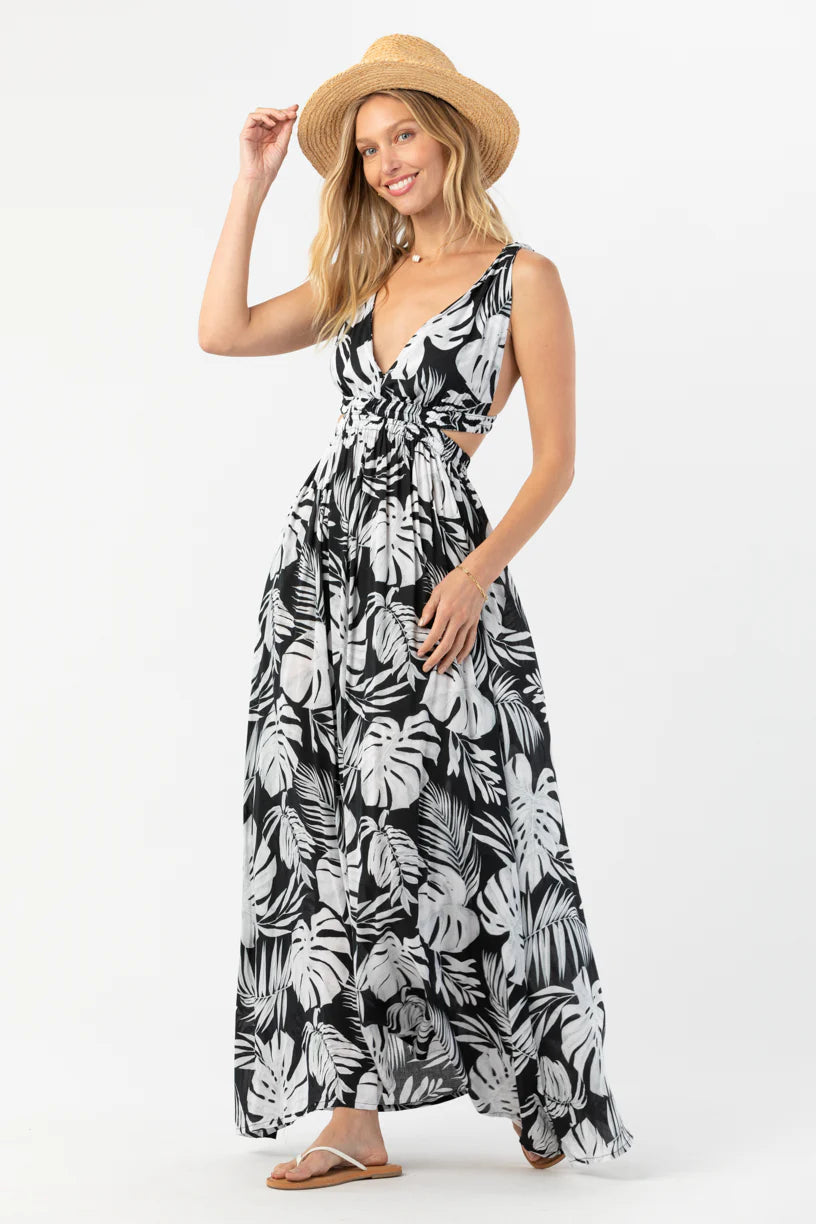 Plunging maxi dress with fauna print