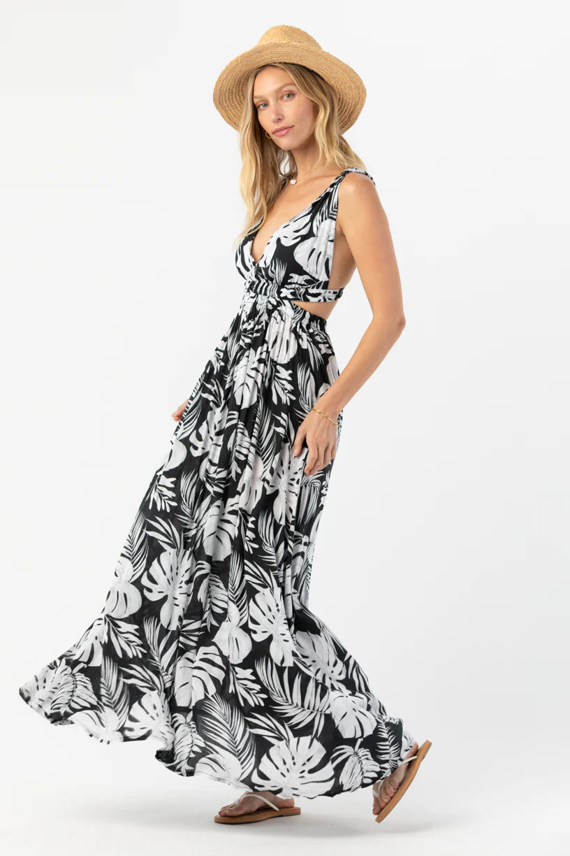 Plunging maxi dress with fauna print