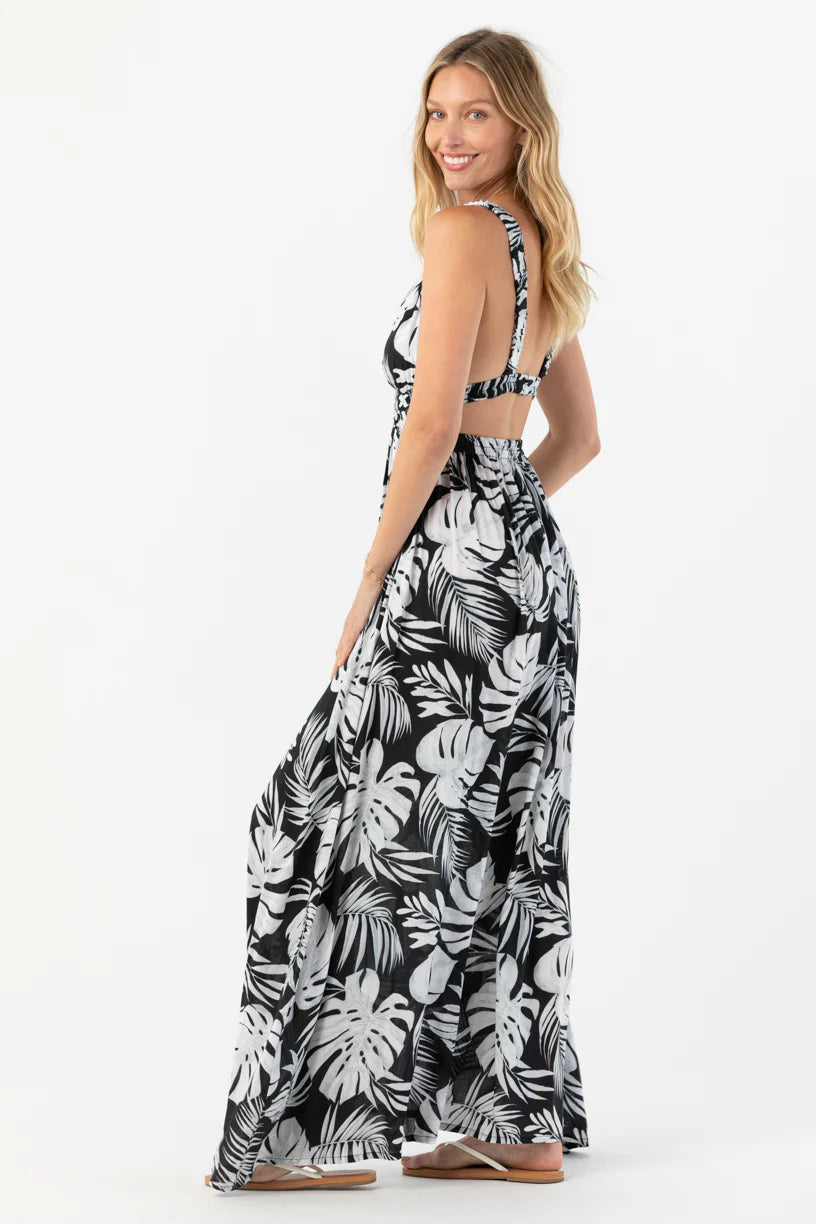 Plunging maxi dress with fauna print