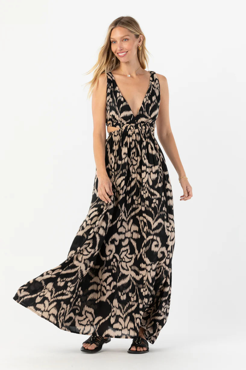 Printed plunging neck maxi dress with side cutouts