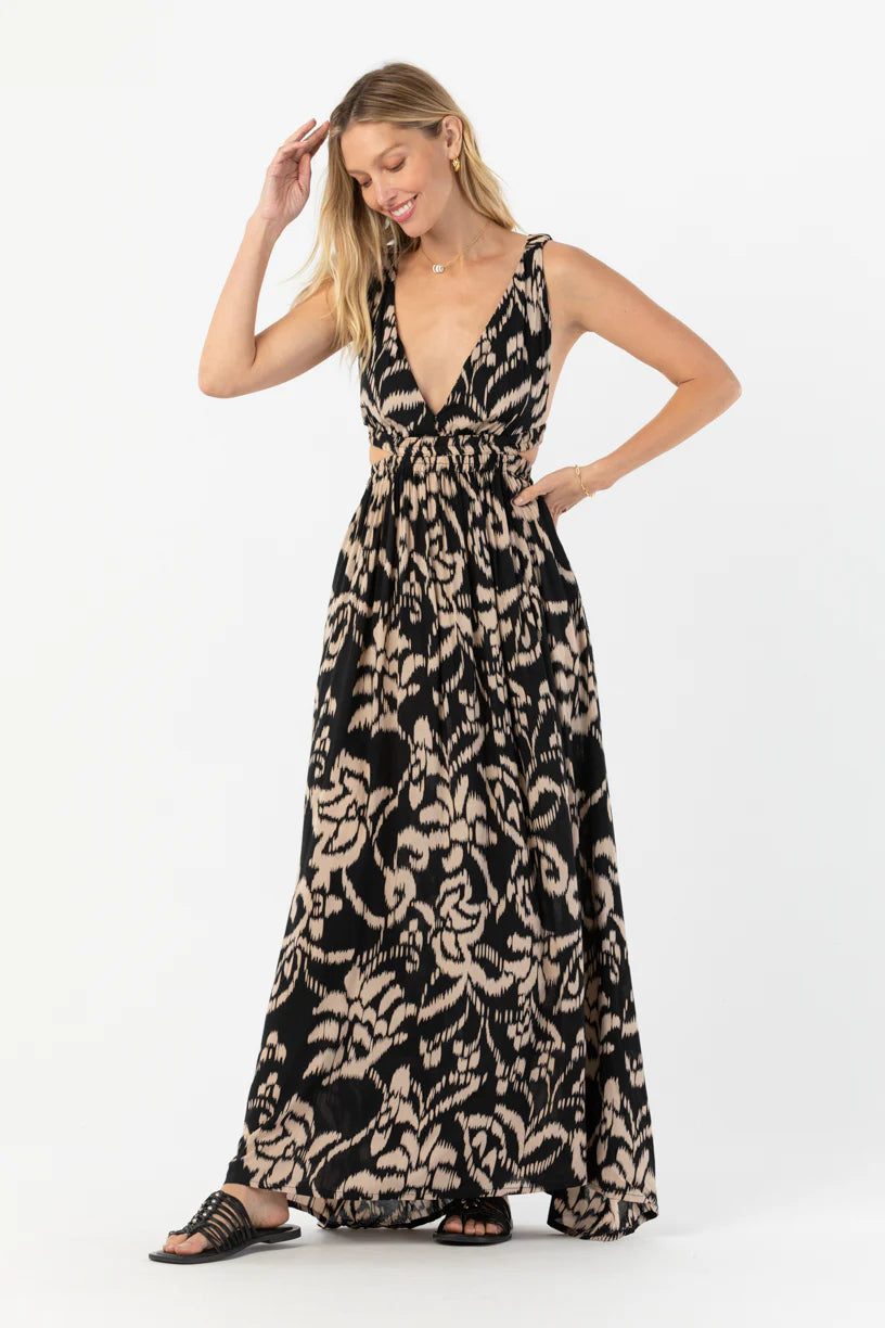 Printed plunging neck maxi dress with side cutouts