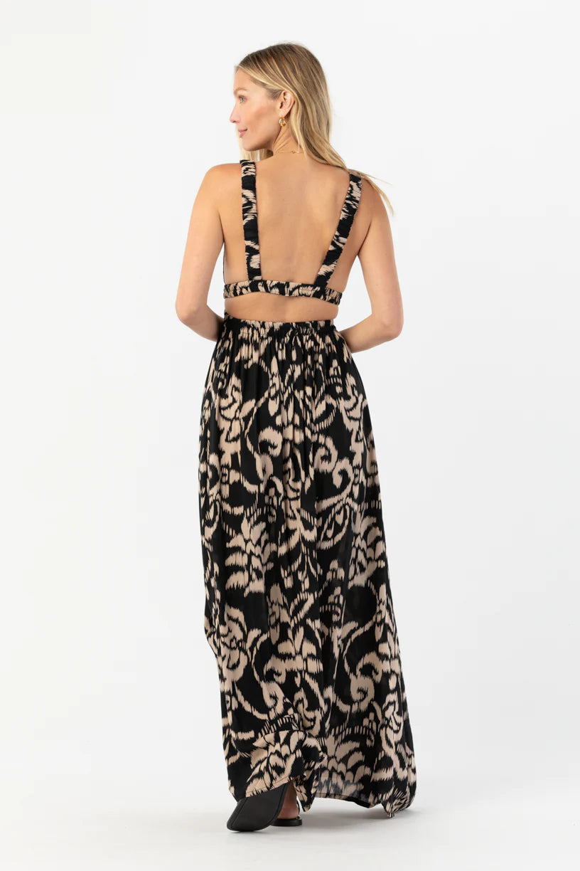 Printed plunging neck maxi dress with side cutouts