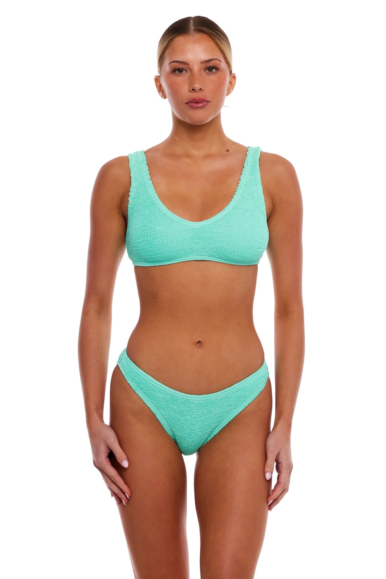 Sporty scoop neck textured top with thick shoulder straps in Mint Green
