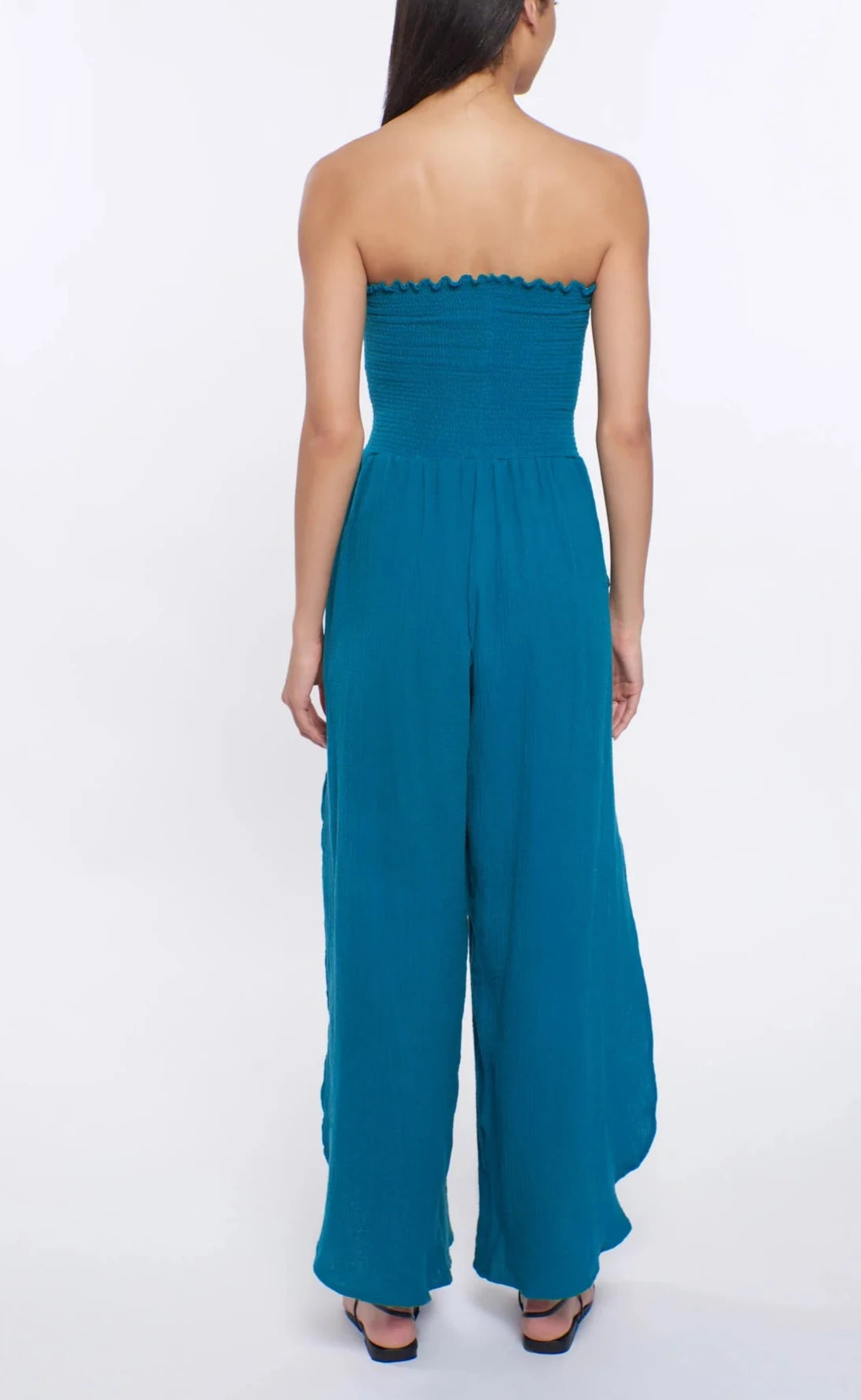 Strapless cotton jumpsuit in teal